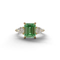 3 Carat Green Emerald Cut Lab Diamond In 3 Stones Claw Prongs Setting Ring - 10K Solid Gold / Yellow Gold