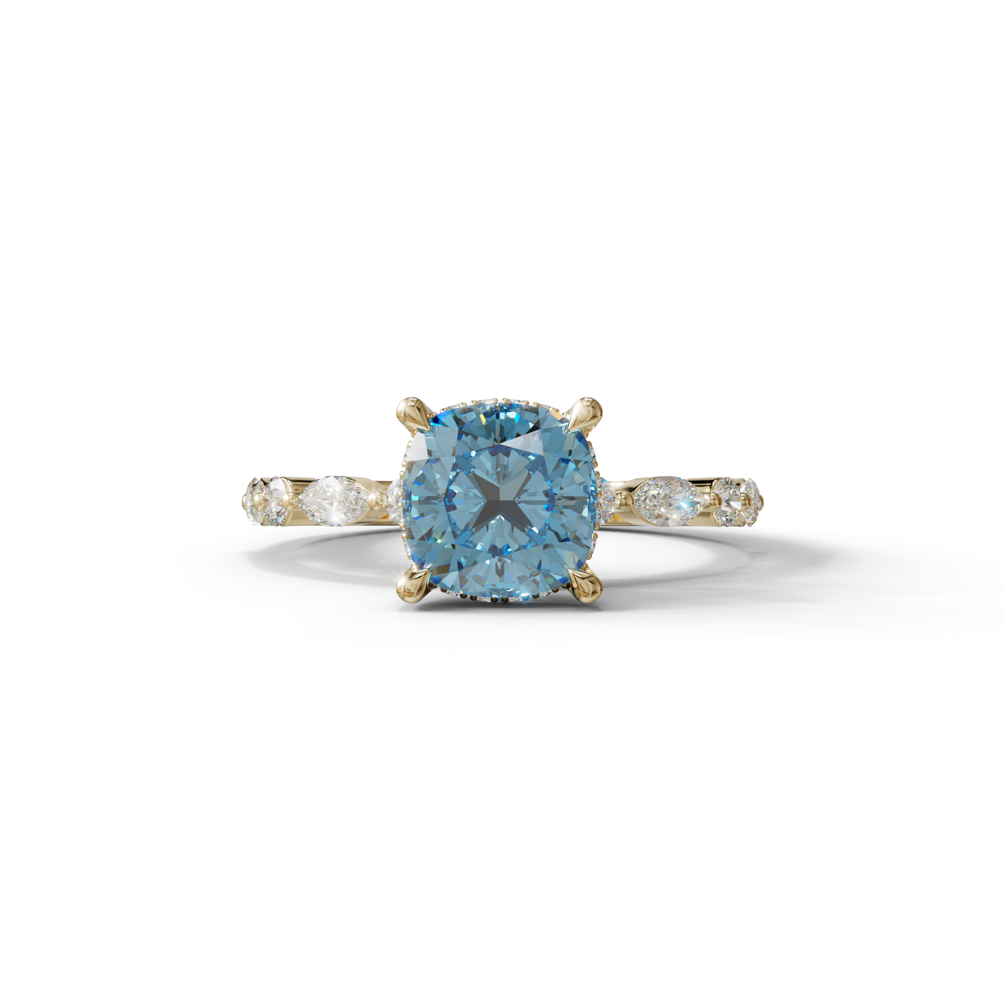 2 Carat Blue Cushion Cut Hidden Halo & Pave Lab Diamond Ring - Daisy - 10K Solid Gold / Yellow Gold