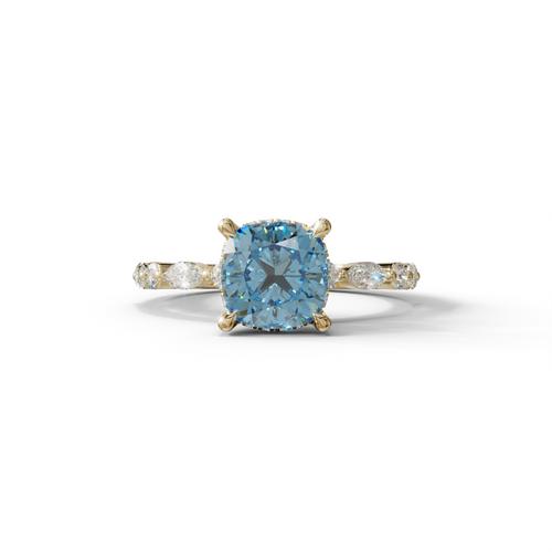 2 Carat Blue Cushion Cut Hidden Halo & Pave Lab Diamond Ring - Daisy - 10K Solid Gold / Yellow Gold