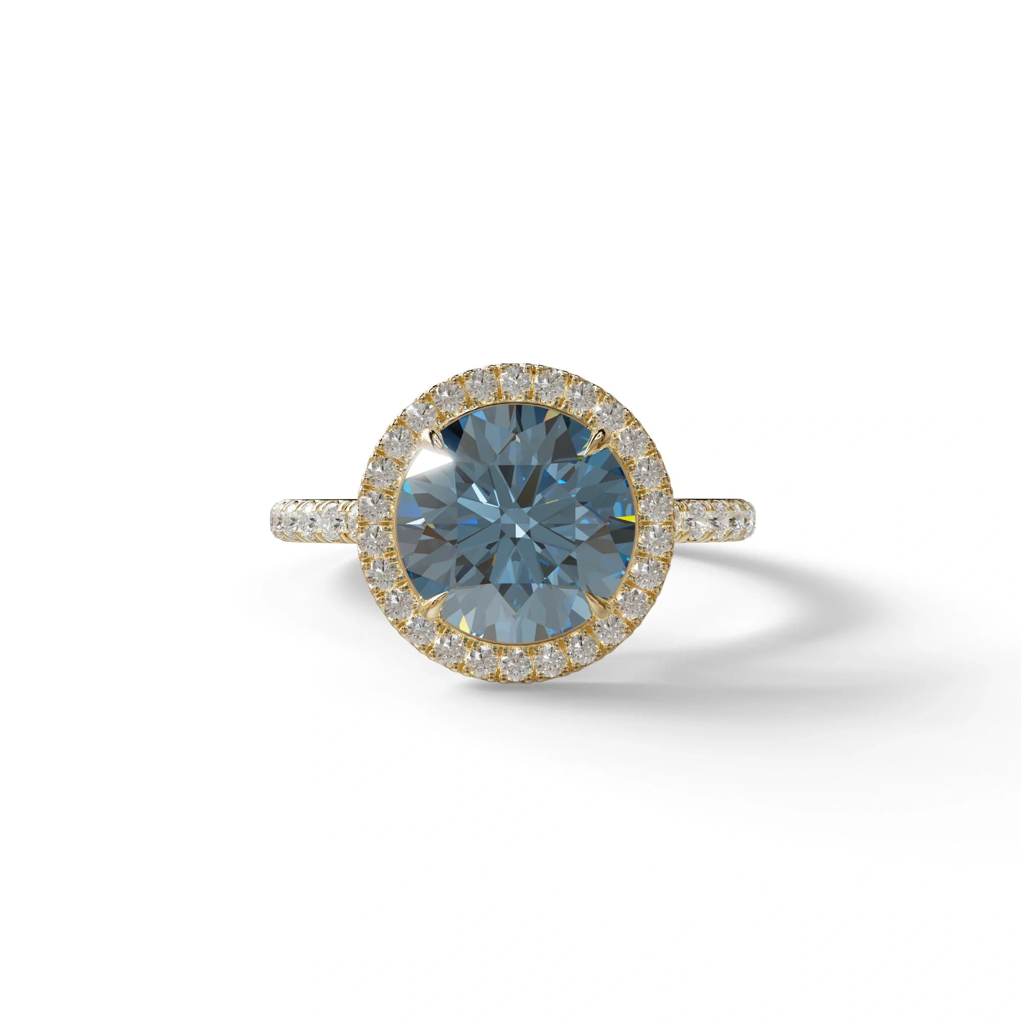 Fancy Blue Round Cut Halo & Pave Lab Grown Diamond Engagement Ring - Flutura - 2 Carat / 10K Solid Gold / Yellow Gold