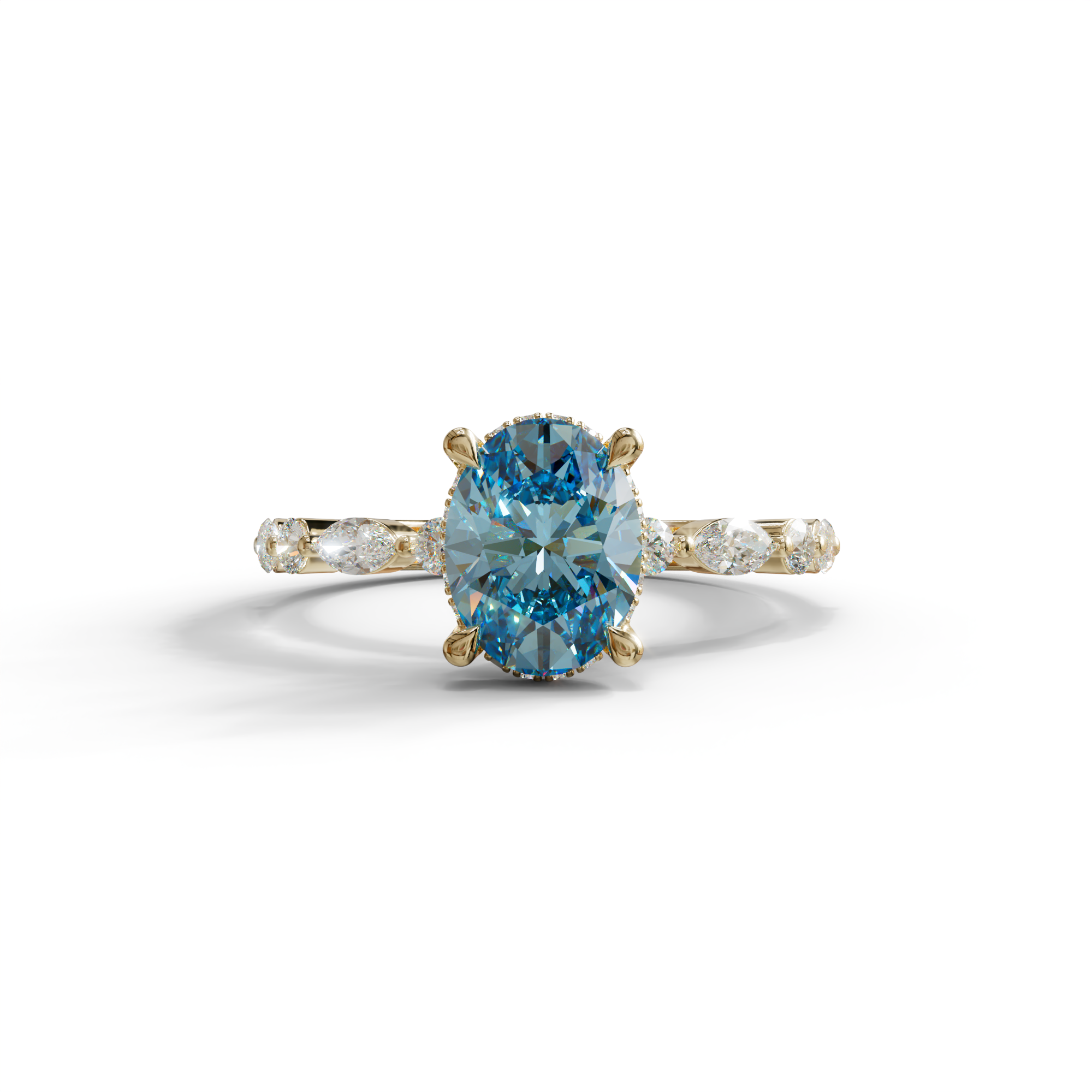 2 Carat Blue Oval Cut Hidden Halo & Pave Lab Diamond Ring - Laina - 10K Solid Gold / Yellow Gold