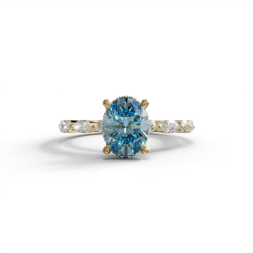 2 Carat Blue Oval Cut Hidden Halo & Pave Lab Diamond Ring - Laina - 10K Solid Gold / Yellow Gold
