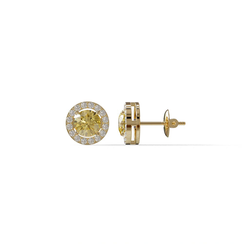 Ciera - Stunning Yellow Color Round Diamond Stud Earrings | Halo Setting | Certified