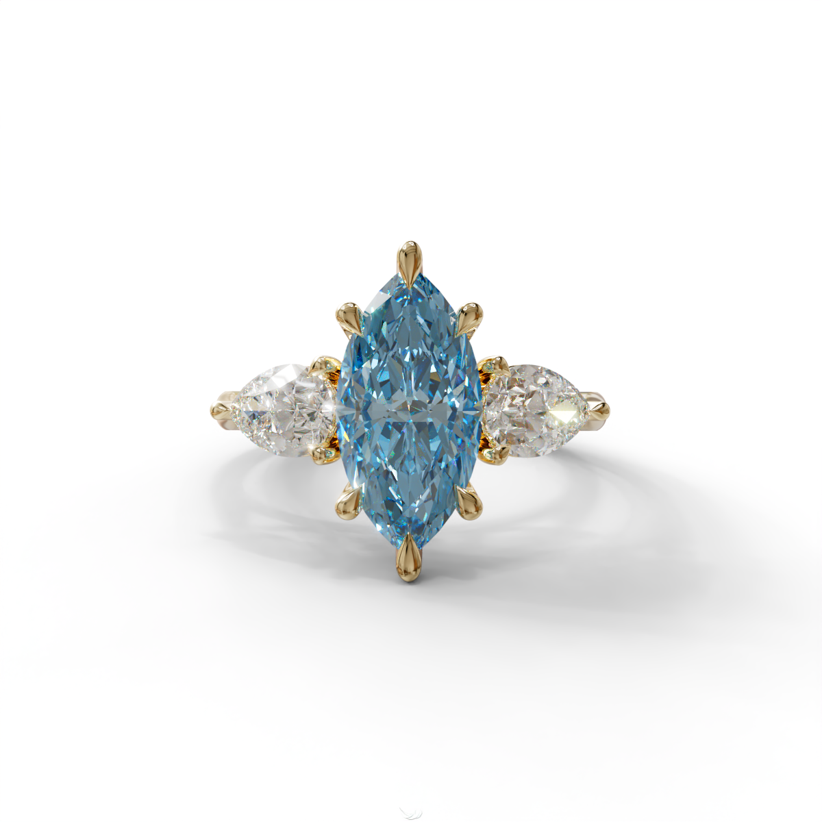 3 Carat Fancy Blue Marquise & Pear Cut Three Stone Lab Grown Diamond Engagement Ring - 10K Solid Gold / Yellow Gold