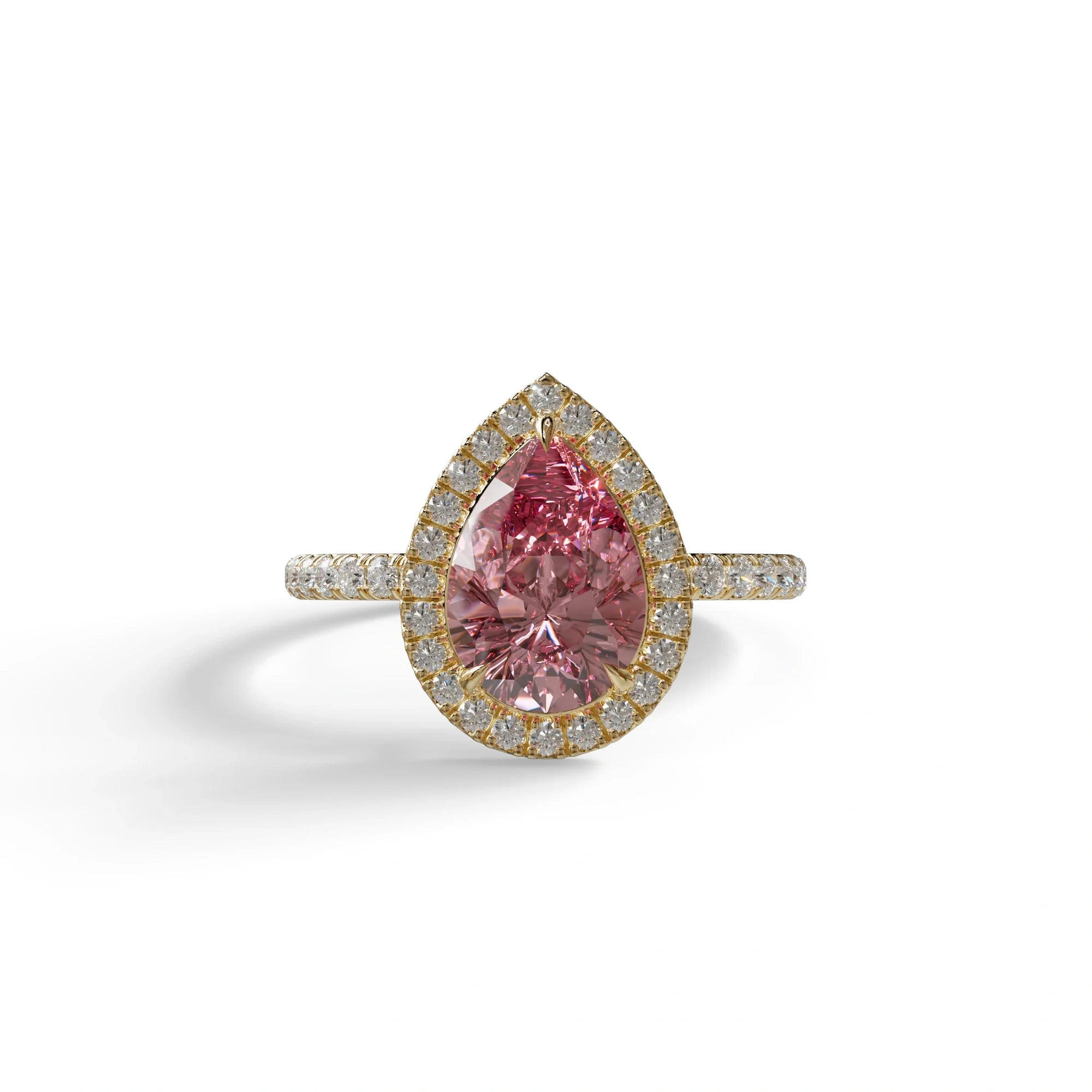 2 Carat Pink Pear Cut Halo & Pave Lab Diamond Ring - Glam Deck - 10K Solid Gold / Yellow Gold