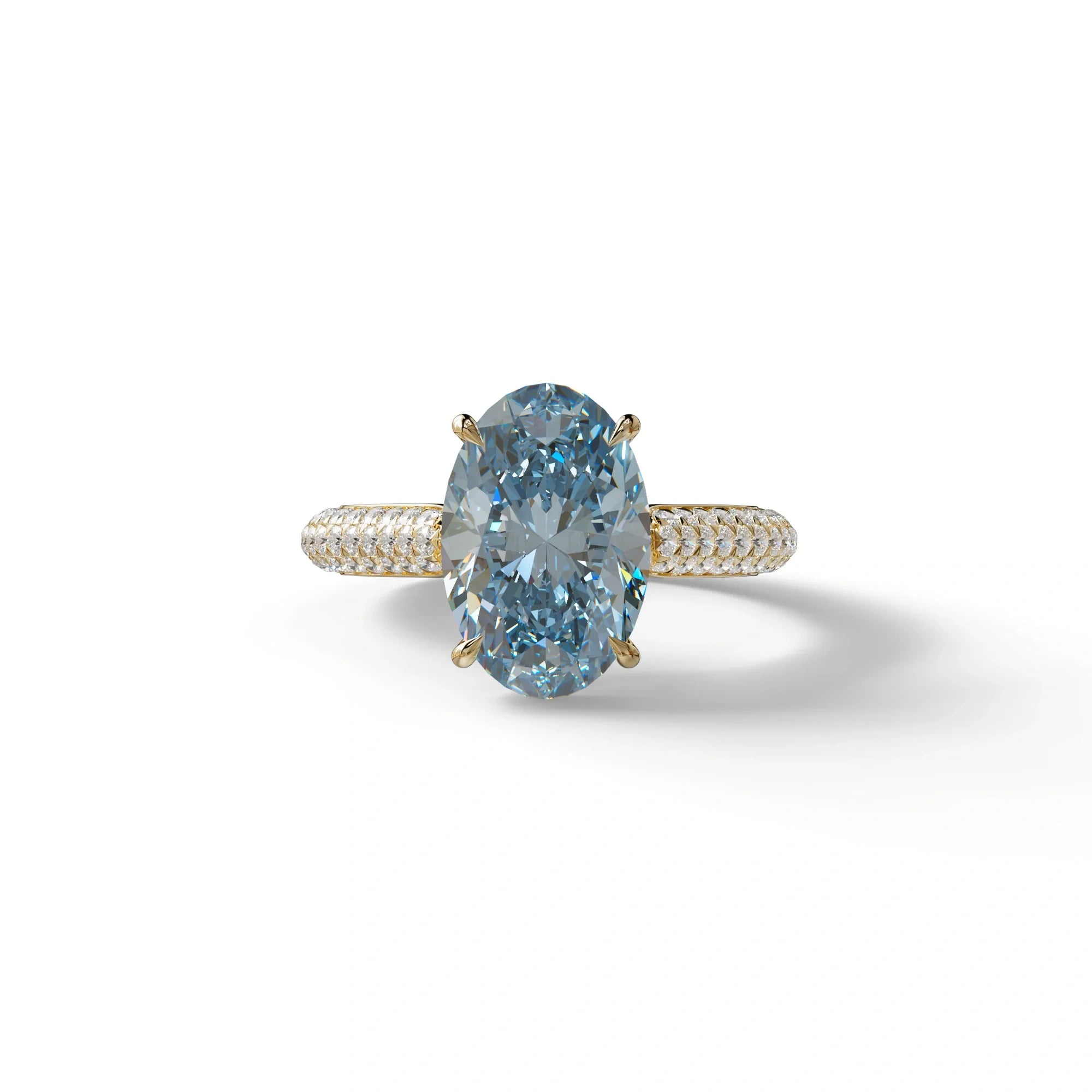 3 Carat Blue Oval Cut Hidden Halo & Pave Set Lab Diamond Engagement Ring - Viviana - 10K Solid Gold / Yellow Gold