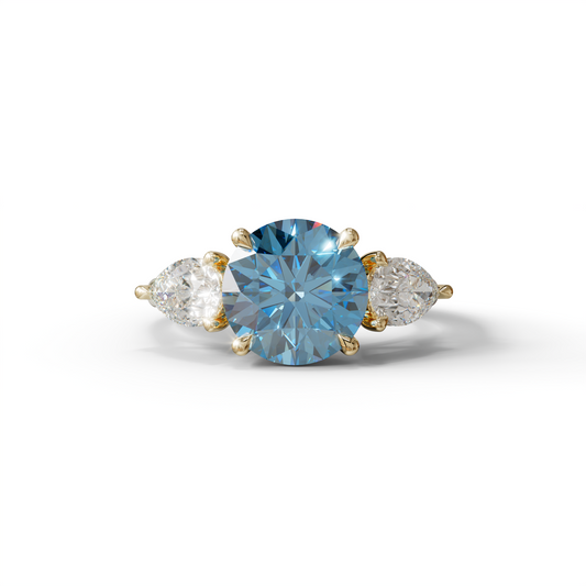 5 Carat Blue Round & Pear Cut Three Stone Lab Diamond Ring - Luminous