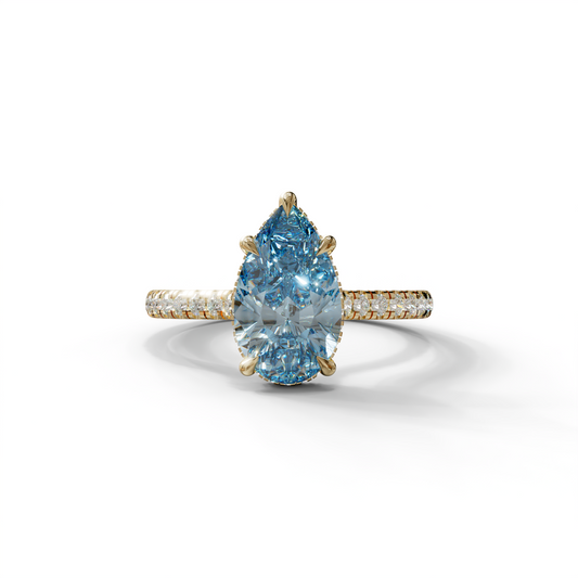 3 Carat Blue Pear Cut Hidden Halo & Pave Set Lab Diamond Ring - Eblouissant