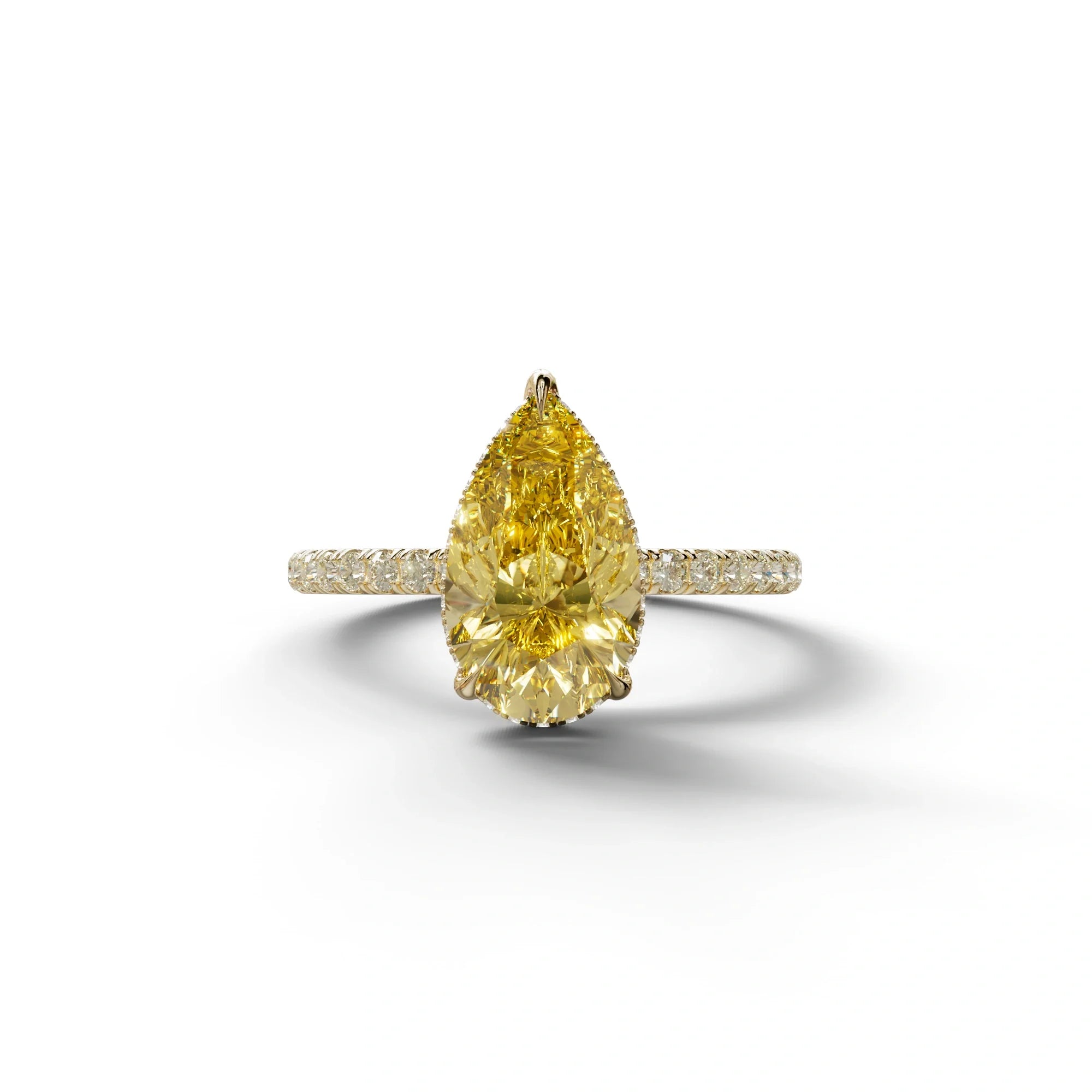 2 Carat Yellow Pear Cut Hidden Halo & Pave Lab Diamond Ring - 10K Solid Gold / Yellow Gold