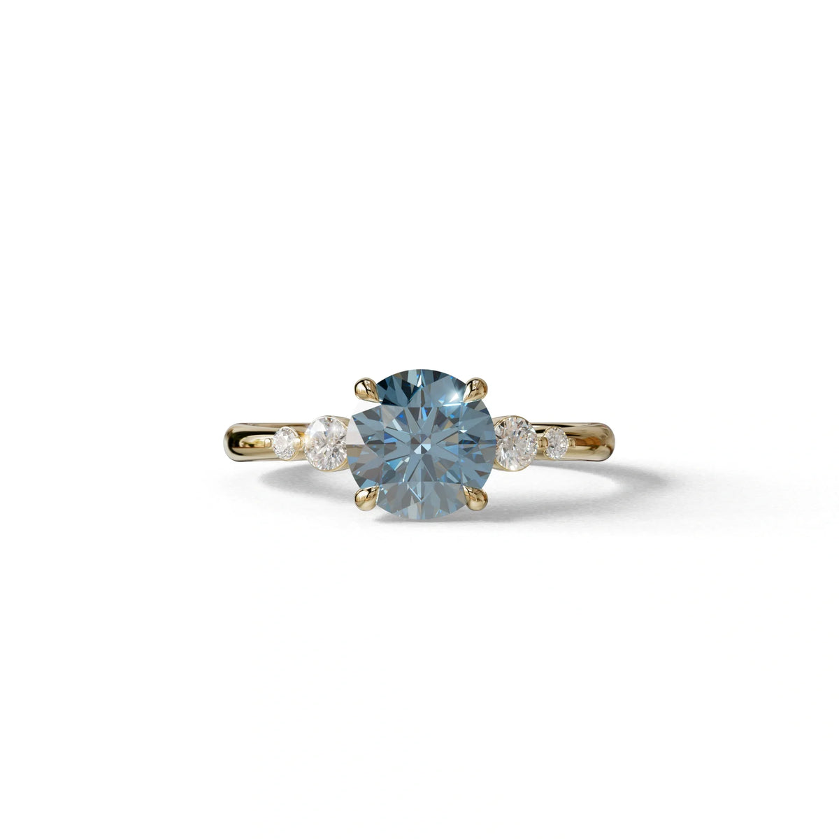 Blue Round Three Stone Lab Grown Diamond Engagement Ring - Romance - 2 Carat / 10K Solid Gold / Yellow Gold