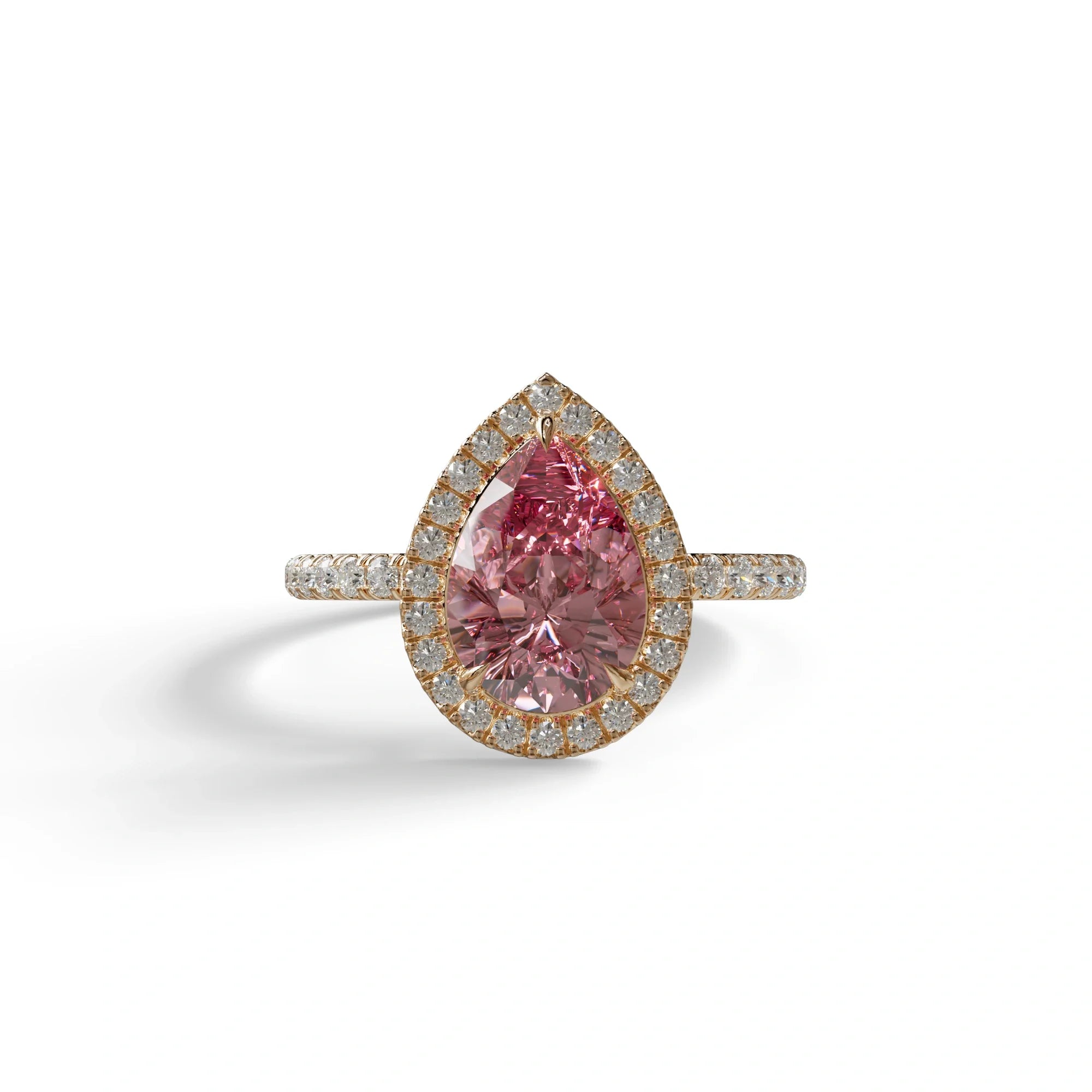 2 Carat Pink Pear Cut Halo & Pave Lab Diamond Ring - Glam Deck - 10K Solid Gold / Rose Gold