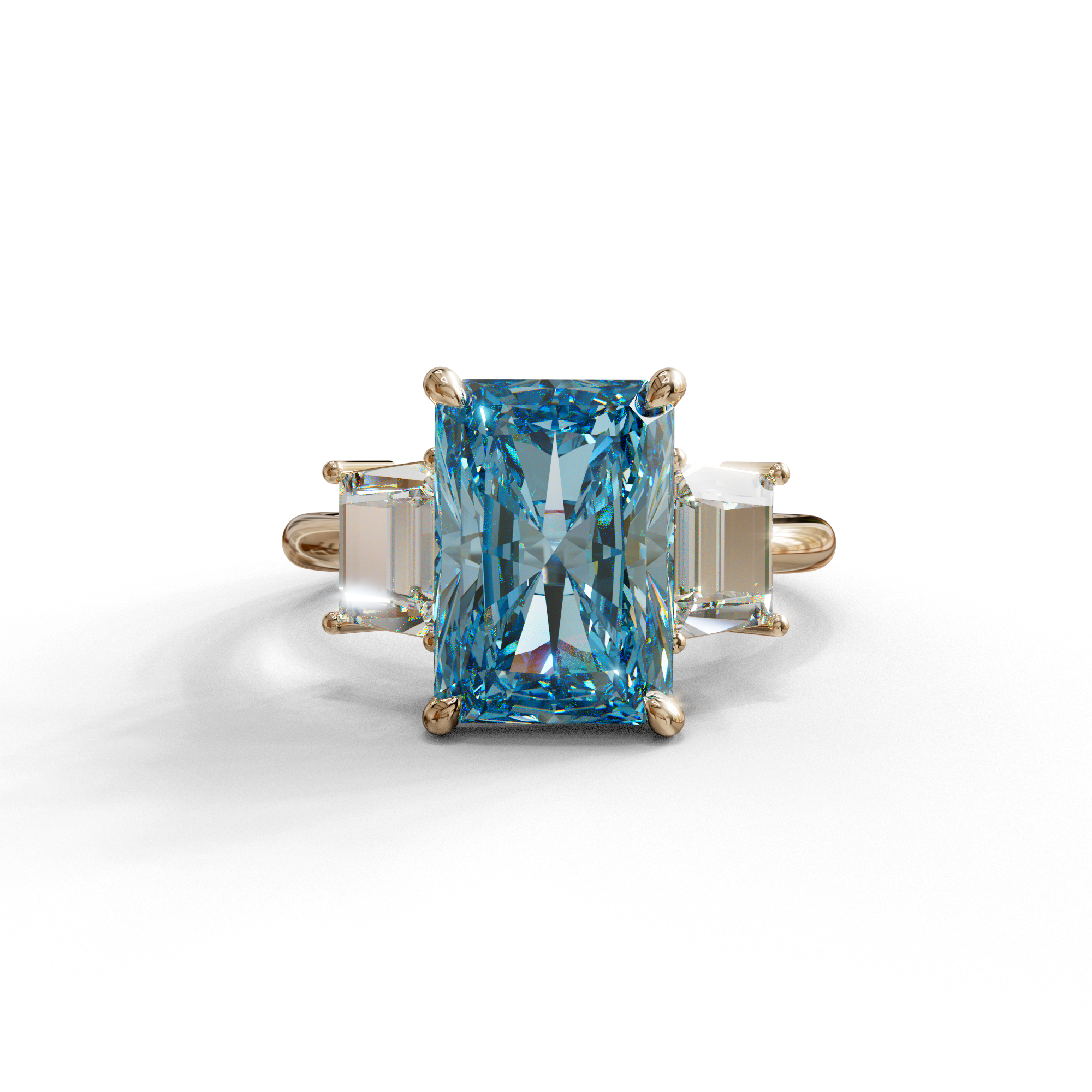 4 Carat Blue Radiant & Trapezoid Three Stone Engagement Ring - Embrace - 10K Solid Gold / Rose Gold