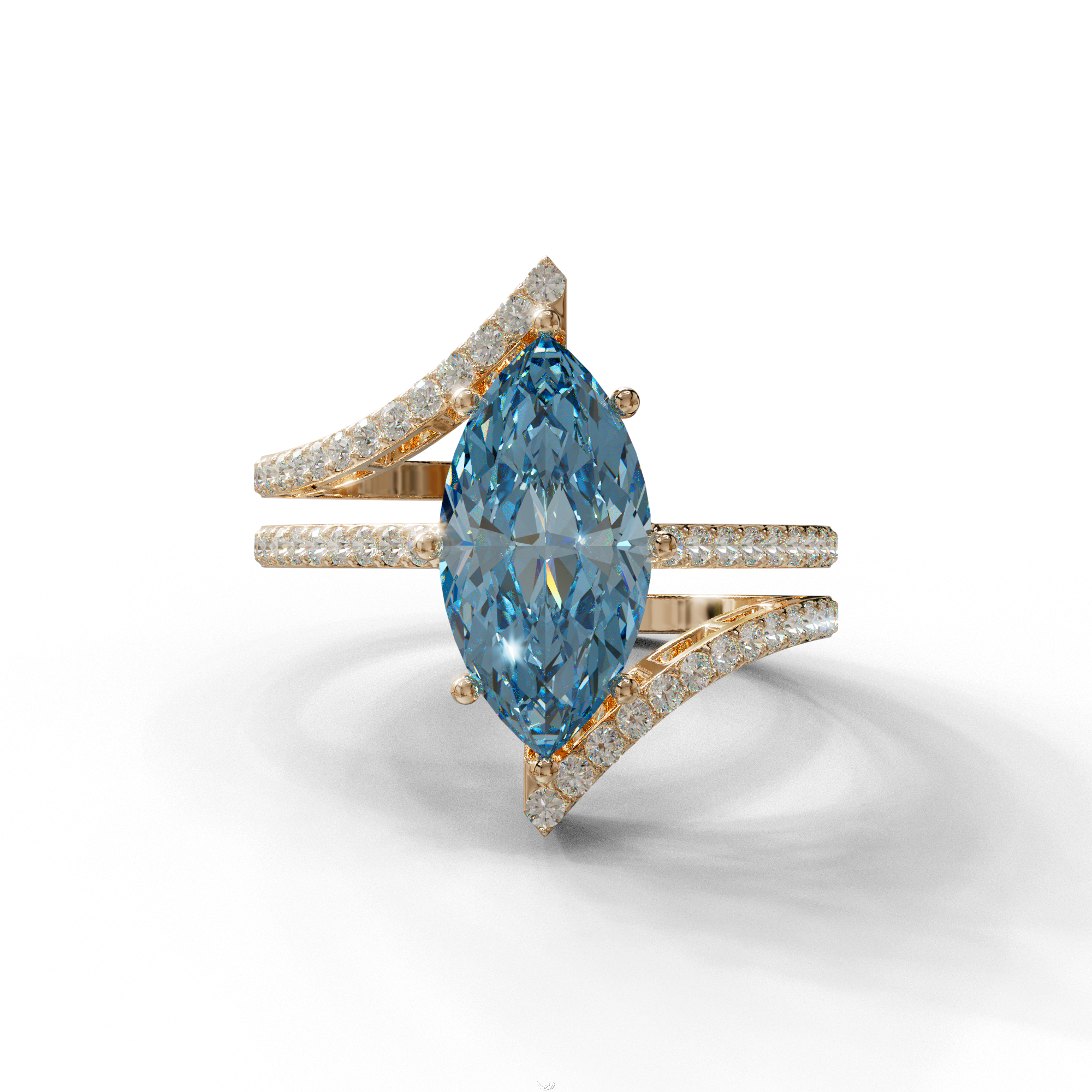 3 Carat Marquise Cut Blue Lab Diamond Ring with Double Pave Setting - 10K Solid Gold / Rose Gold