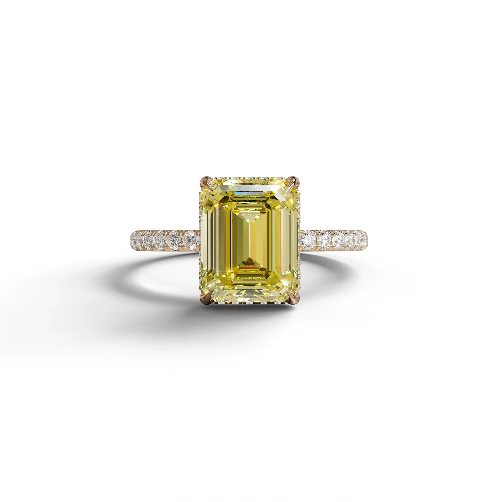 3 Carat Yellow Emerald Cut Lab Diamond In Hidden Halo & Pave Setting Ring - 10K Solid Gold / Rose Gold