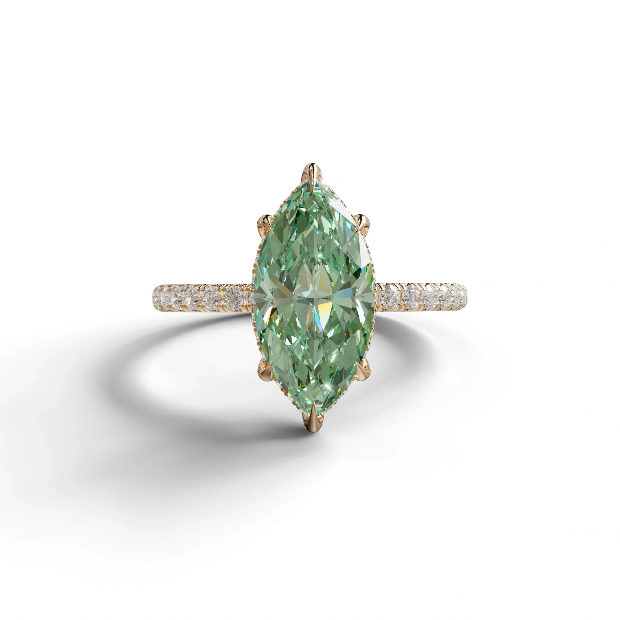 3 Carat Green Marquise Cut Lab Diamond In Hidden Halo & Pave Setting Ring - 10K Solid Gold / Rose Gold