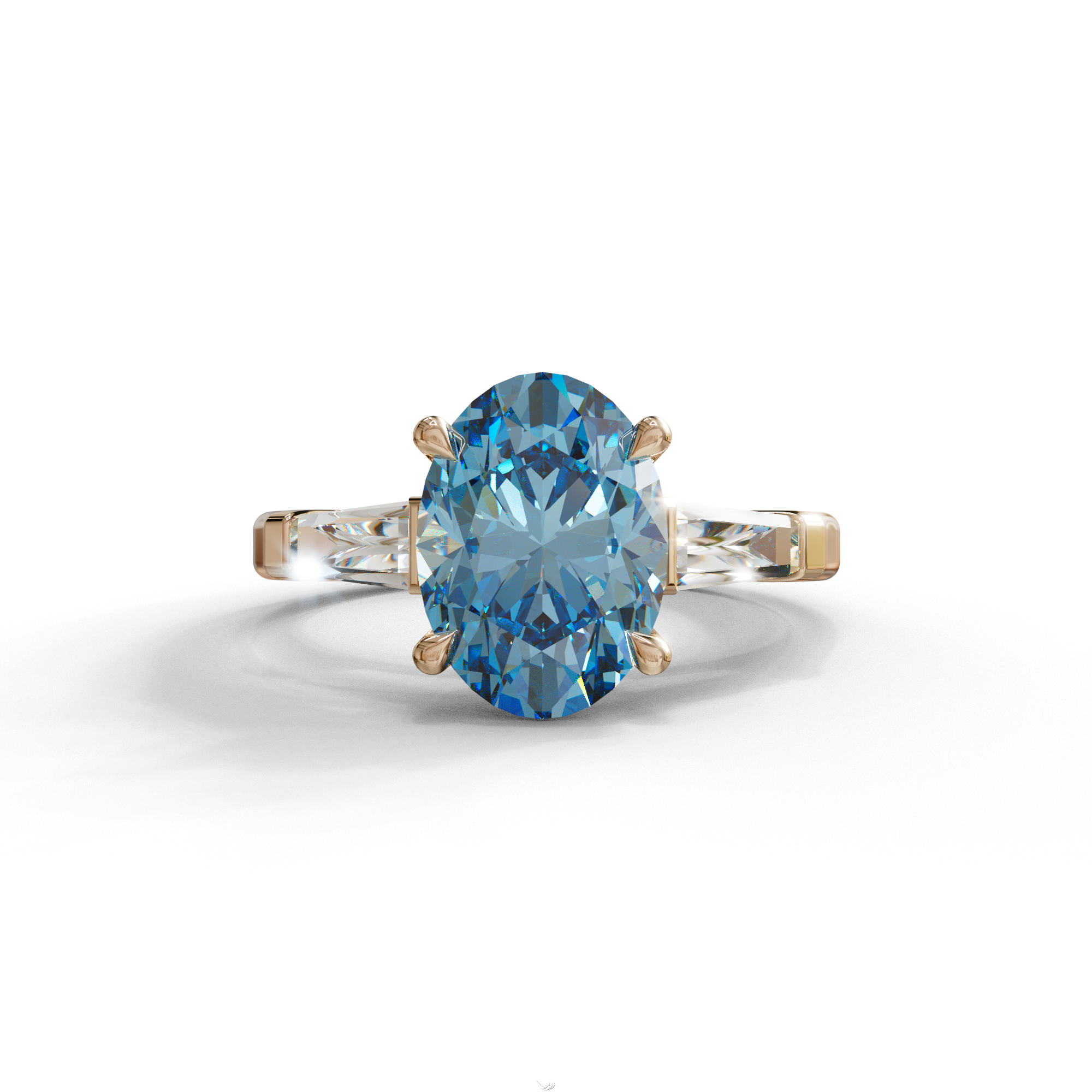 3 Carat Blue Oval & Tapered Baguette Lab Grown Diamond Three Stone Engagement Ring - 10K Solid Gold / Rose Gold