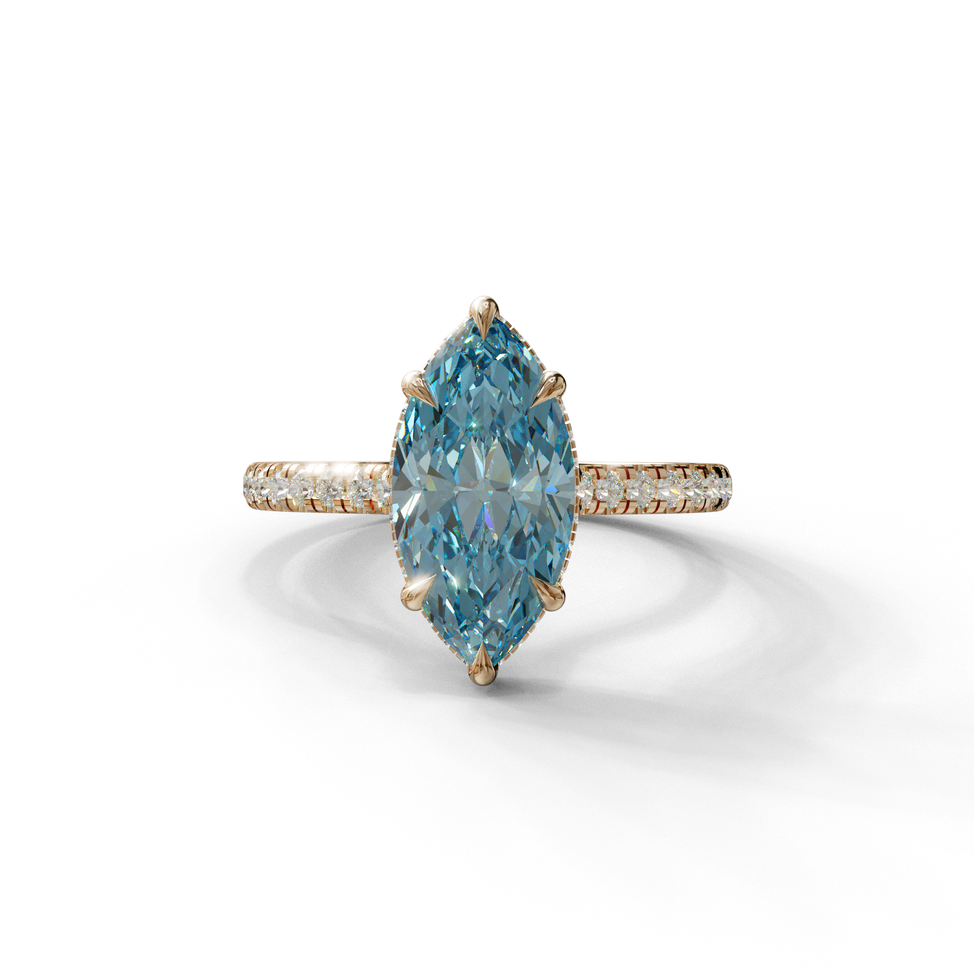 3 Carat Blue Marquise Cut Hidden Halo & Pave Set Lab Diamond Ring - Eblouissant - 10K Solid Gold / Rose Gold