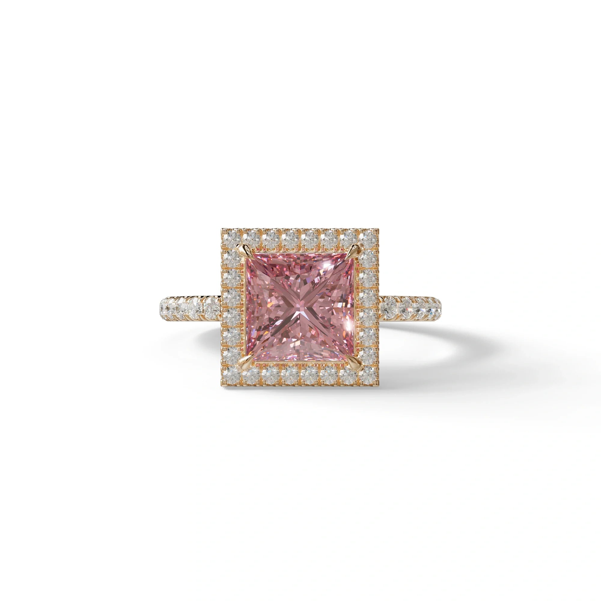 2 Carat Pink Princess Cut Halo & Pave Lab Diamond Ring - Diamond Prime - 10K Solid Gold / Rose Gold