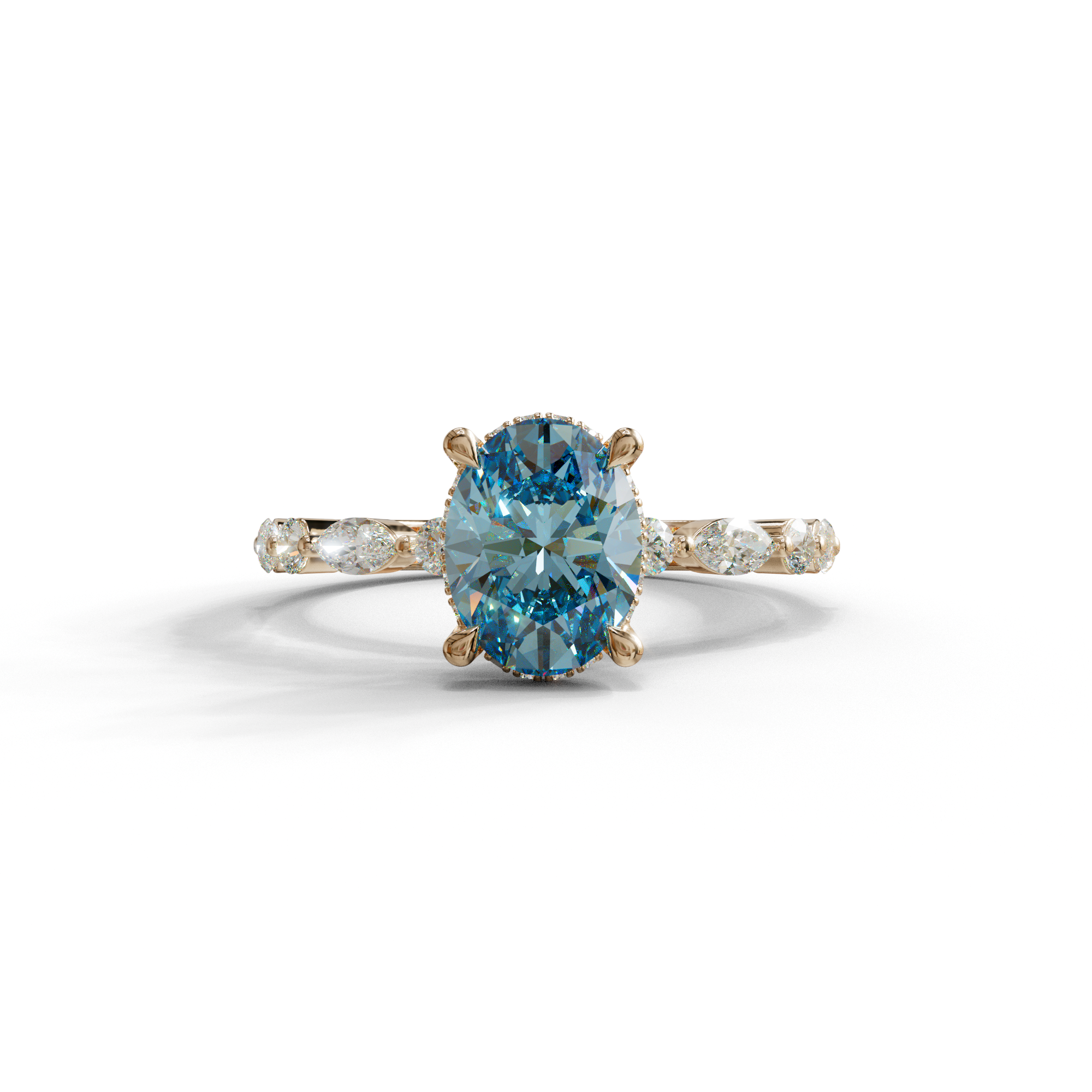 2 Carat Blue Oval Cut Hidden Halo & Pave Lab Diamond Ring - Laina - 10K Solid Gold / Rose Gold