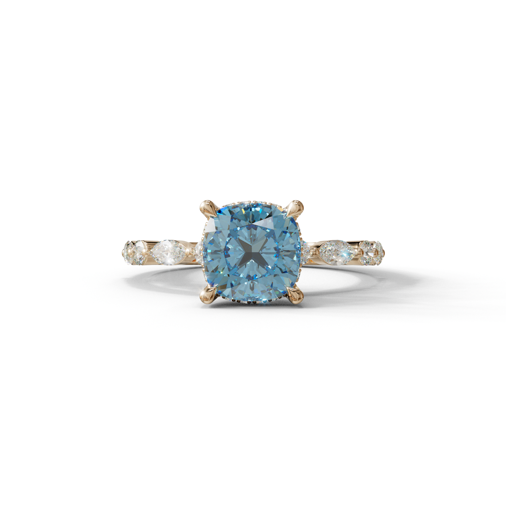 2 Carat Blue Cushion Cut Hidden Halo & Pave Lab Diamond Ring - Daisy - 10K Solid Gold / Rose Gold