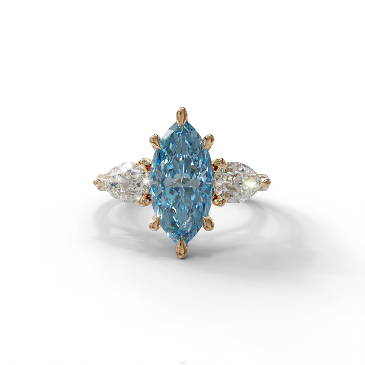 3 Carat Fancy Blue Marquise & Pear Cut Three Stone Lab Grown Diamond Engagement Ring - 10K Solid Gold / Rose Gold