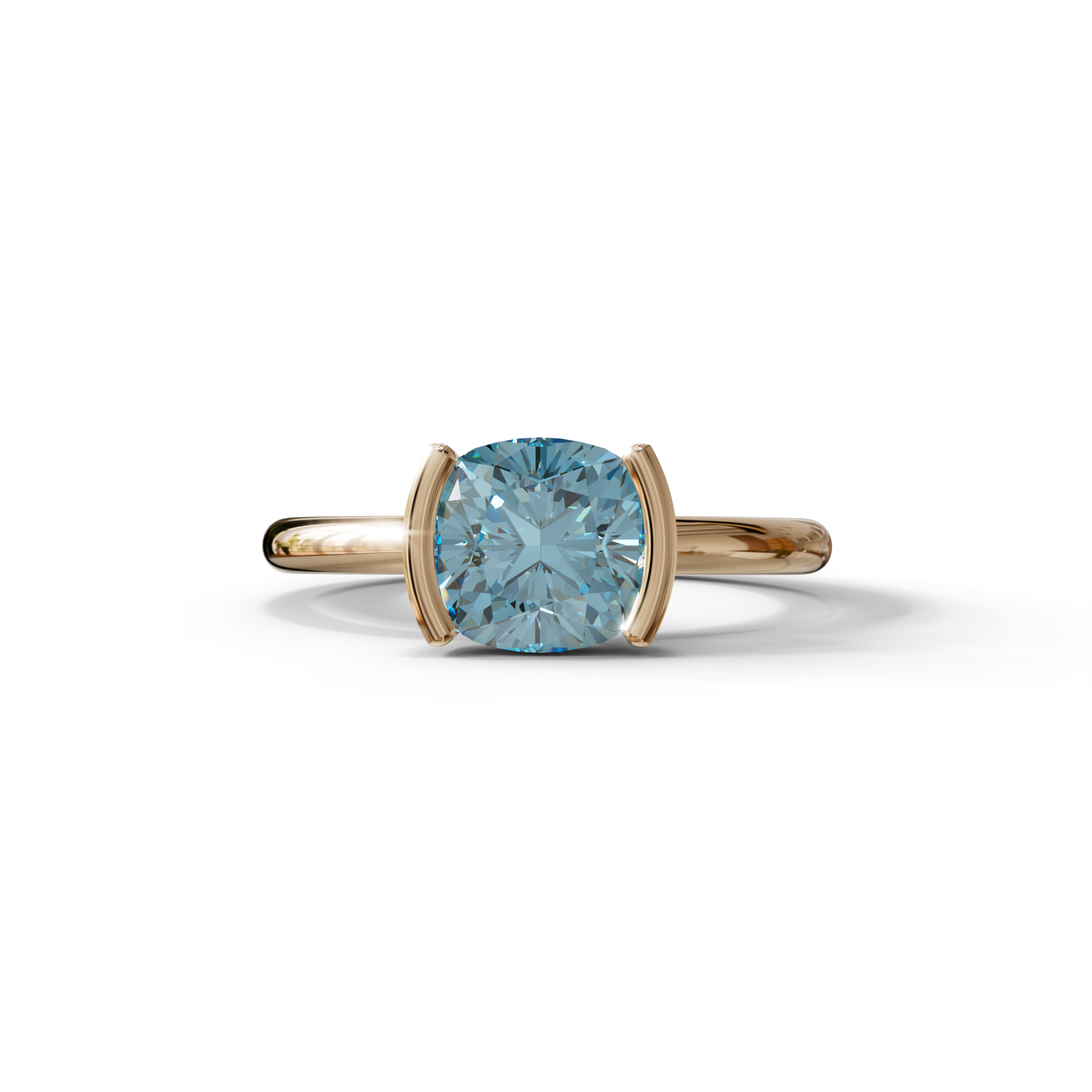 2 Carat Blue Cushion Diamond Ring - Half Bezel Set Ring - Remi - 10K Solid Gold / Rose Gold
