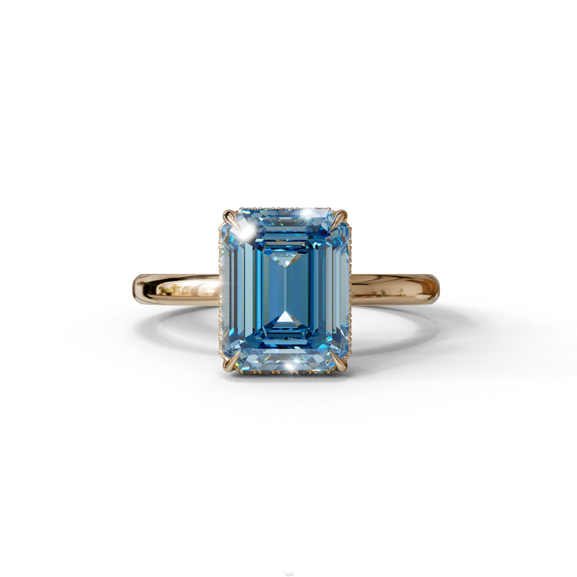 3 Carat Blue Emerald Cut Hidden Halo & Claw Setting Lab Grown Diamond Ring - 10K Solid Gold / Rose Gold