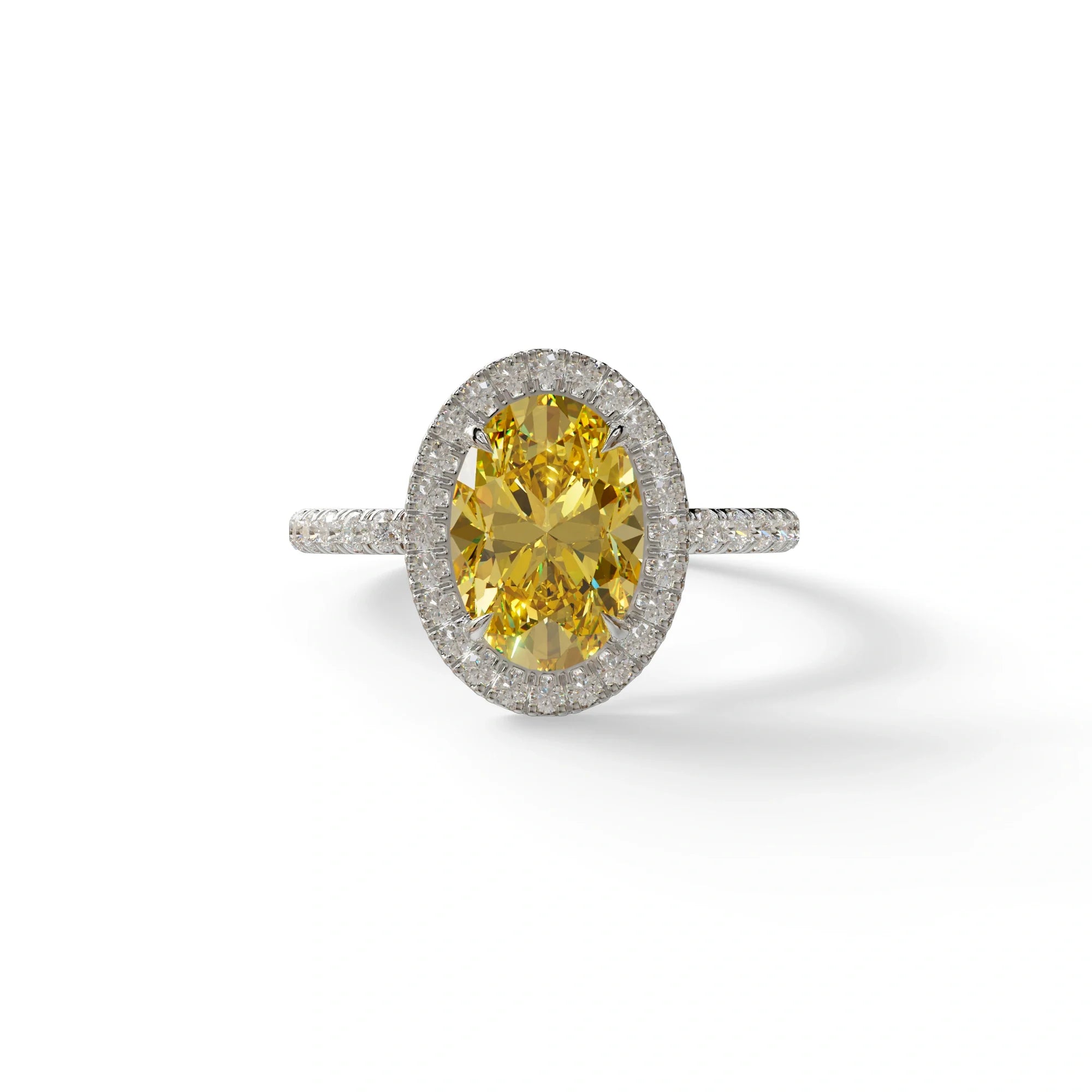 Yellow Oval Cut Halo & Pave Lab Grown Diamond Engagement Ring - AnnaBella - 2 Carat / 10K Solid Gold / White Gold