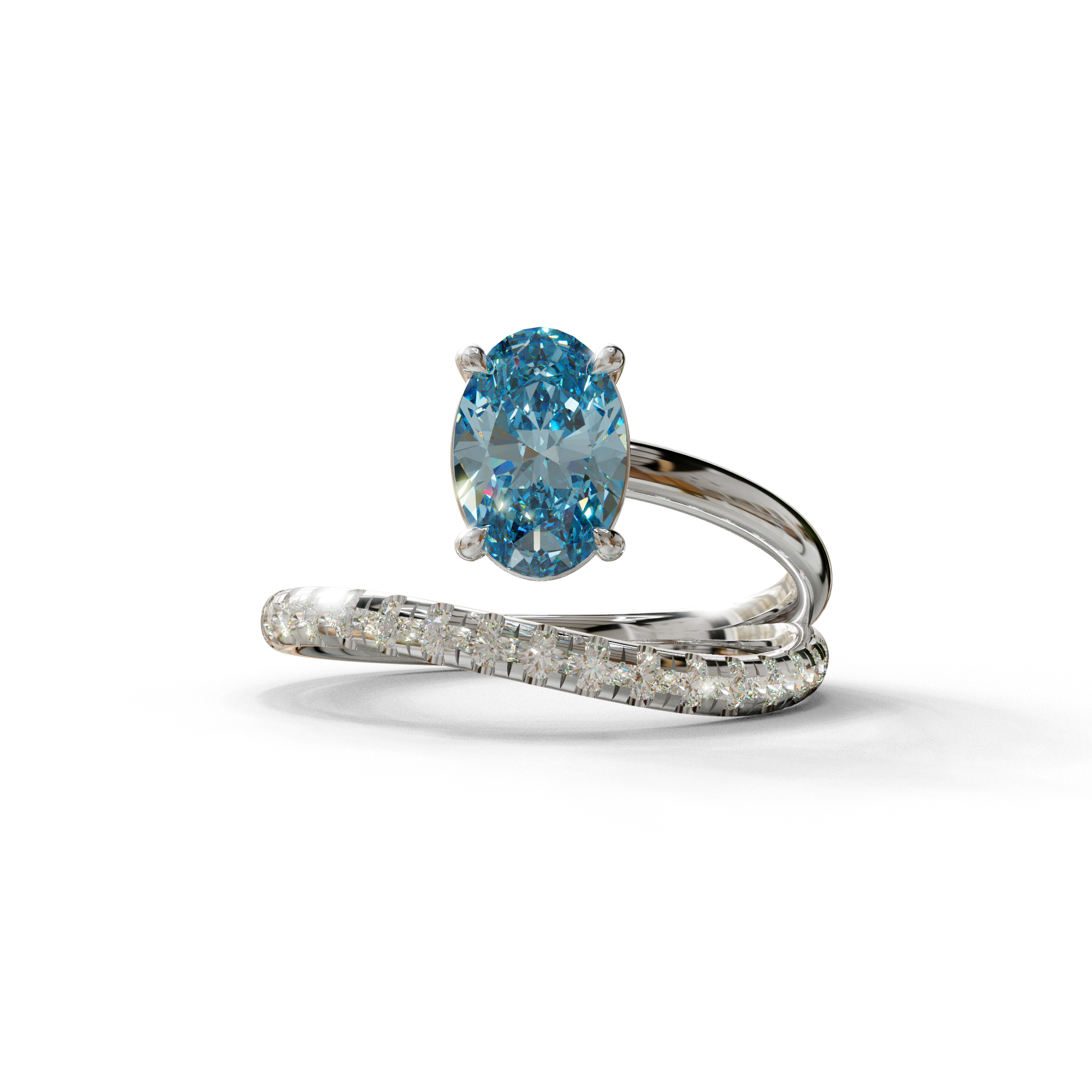 1.5 Carat S-Curve Blue Oval Diamond Pave-set Diamond Ring - Bypass - 10K Solid Gold / White Gold