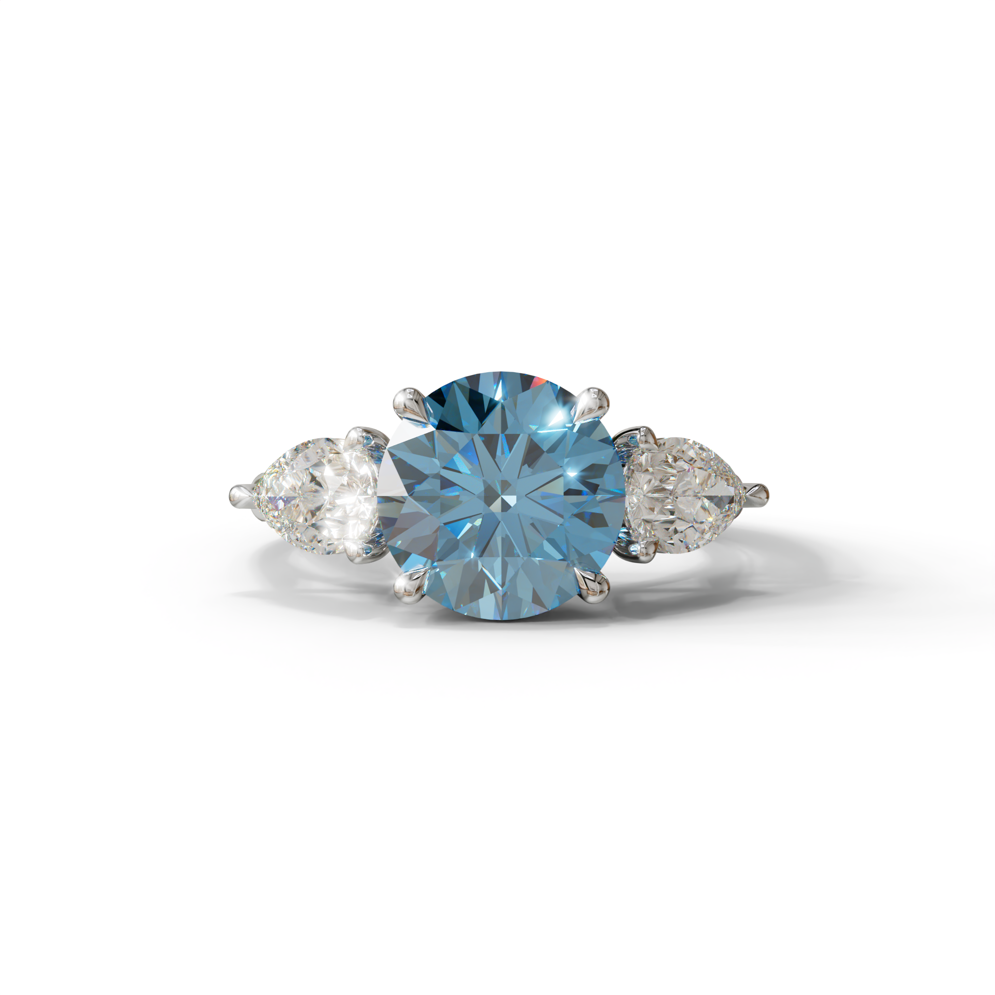 5 Carat Blue Round & Pear Cut Three Stone Lab Diamond Ring - Luminous - 10K Solid Gold / White Gold