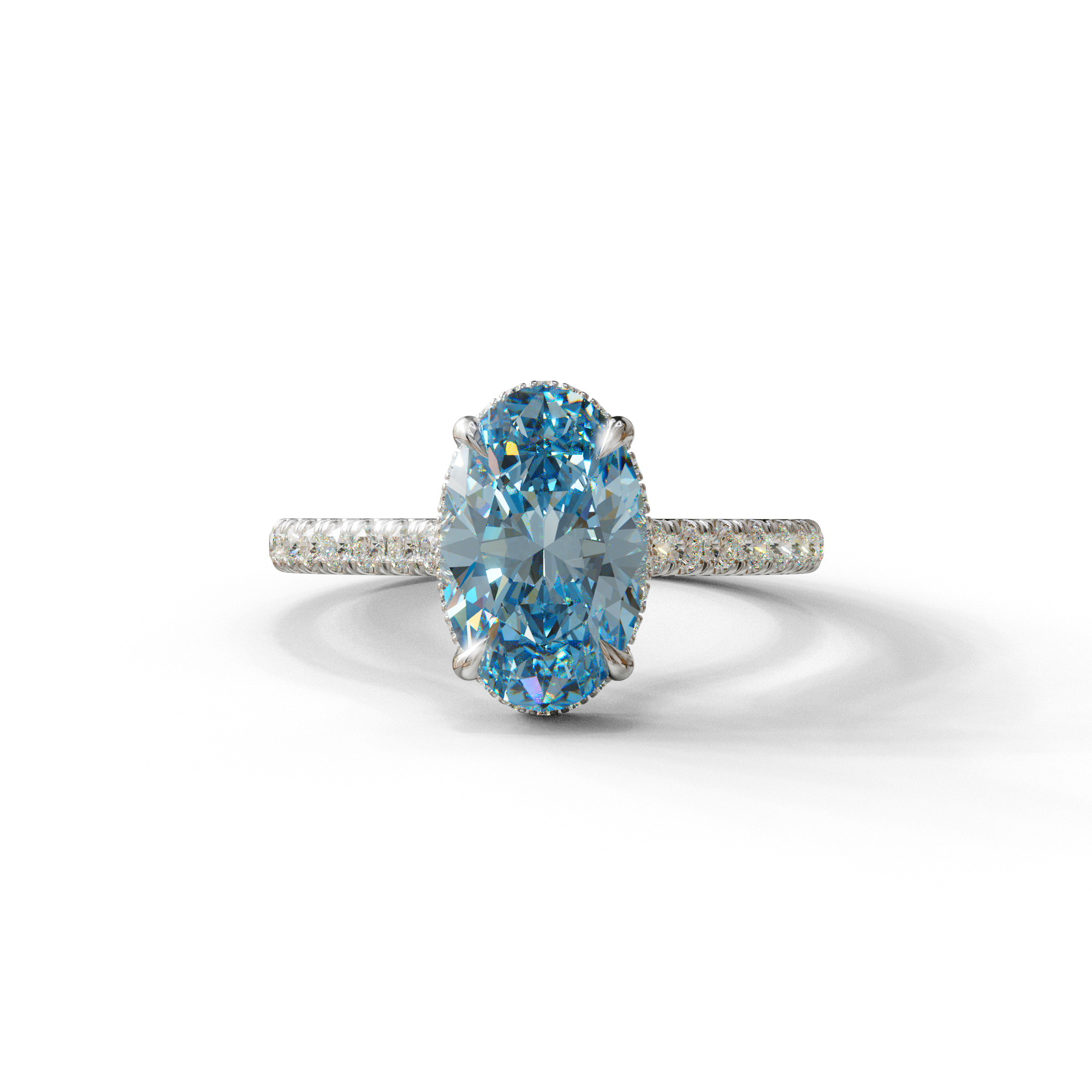 2.5 Carat Blue Oval Hidden Halo & Pave Setting Lab Diamond Ring - Eblouissant - 10K Solid Gold / White Gold