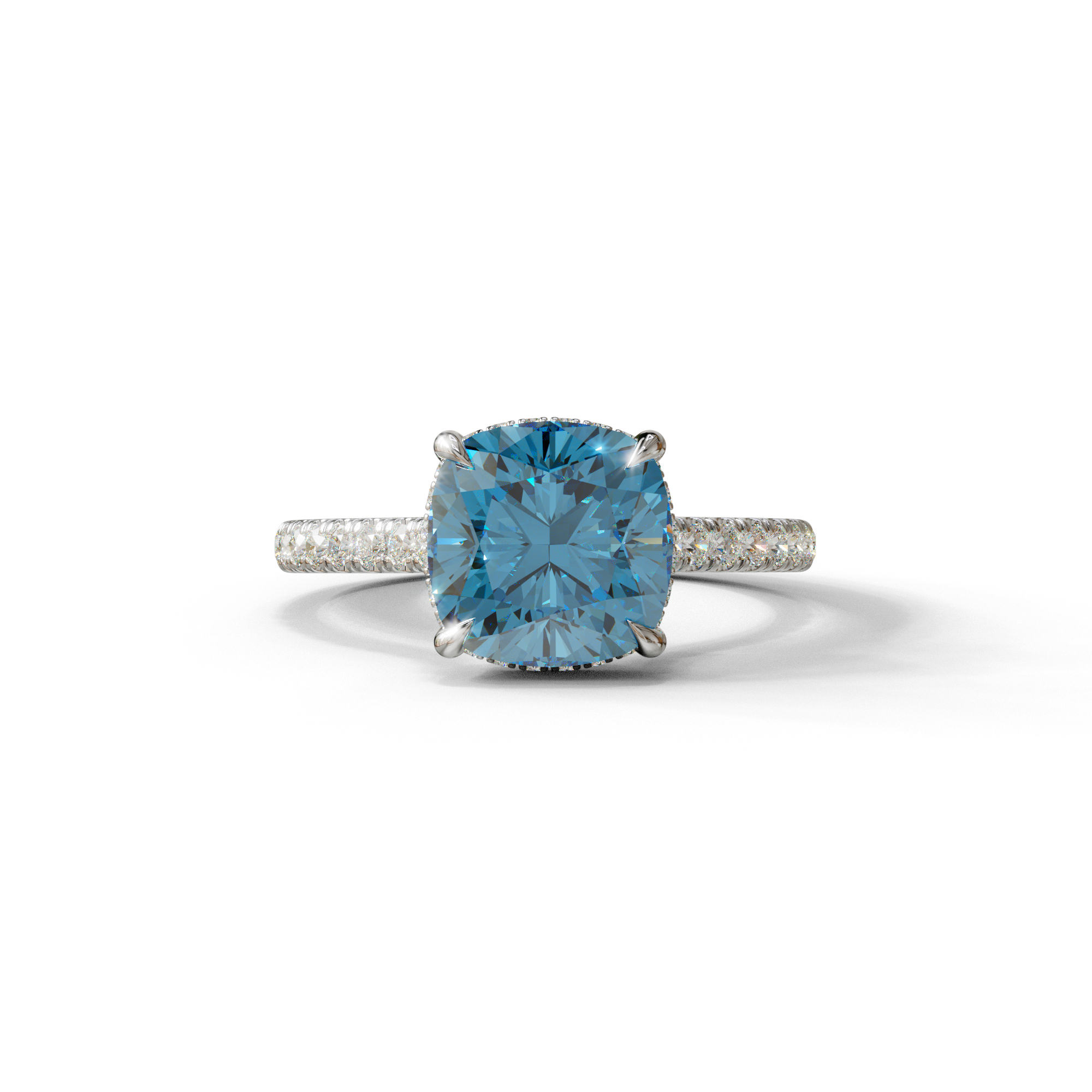 2.5 Carat Blue Cushion Cut Hidden Halo & Pave Lab Diamond Ring - Éblouissant - 10K Solid Gold / White Gold