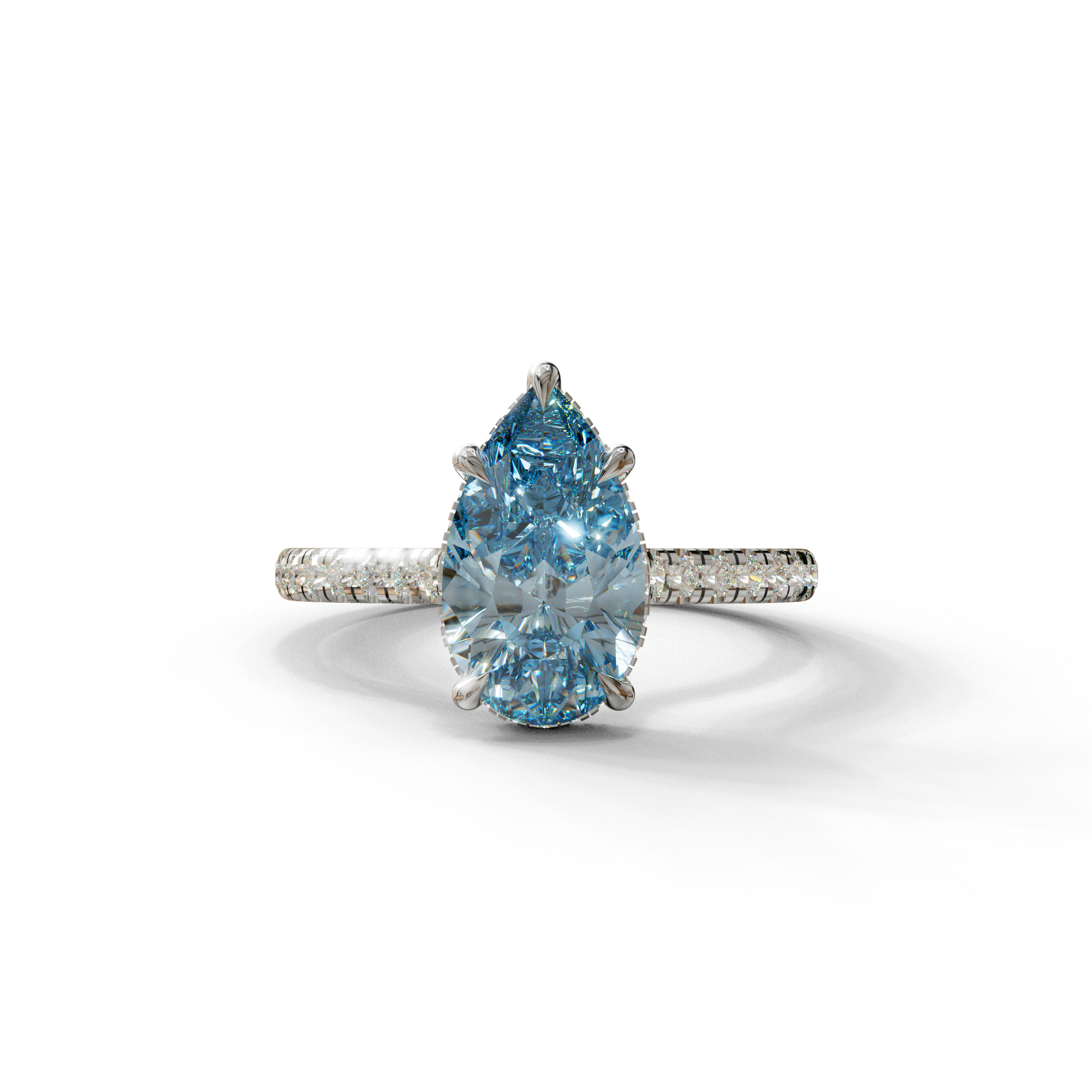 3 Carat Blue Pear Cut Hidden Halo & Pave Set Lab Diamond Ring - Eblouissant - 10K Solid Gold / White Gold