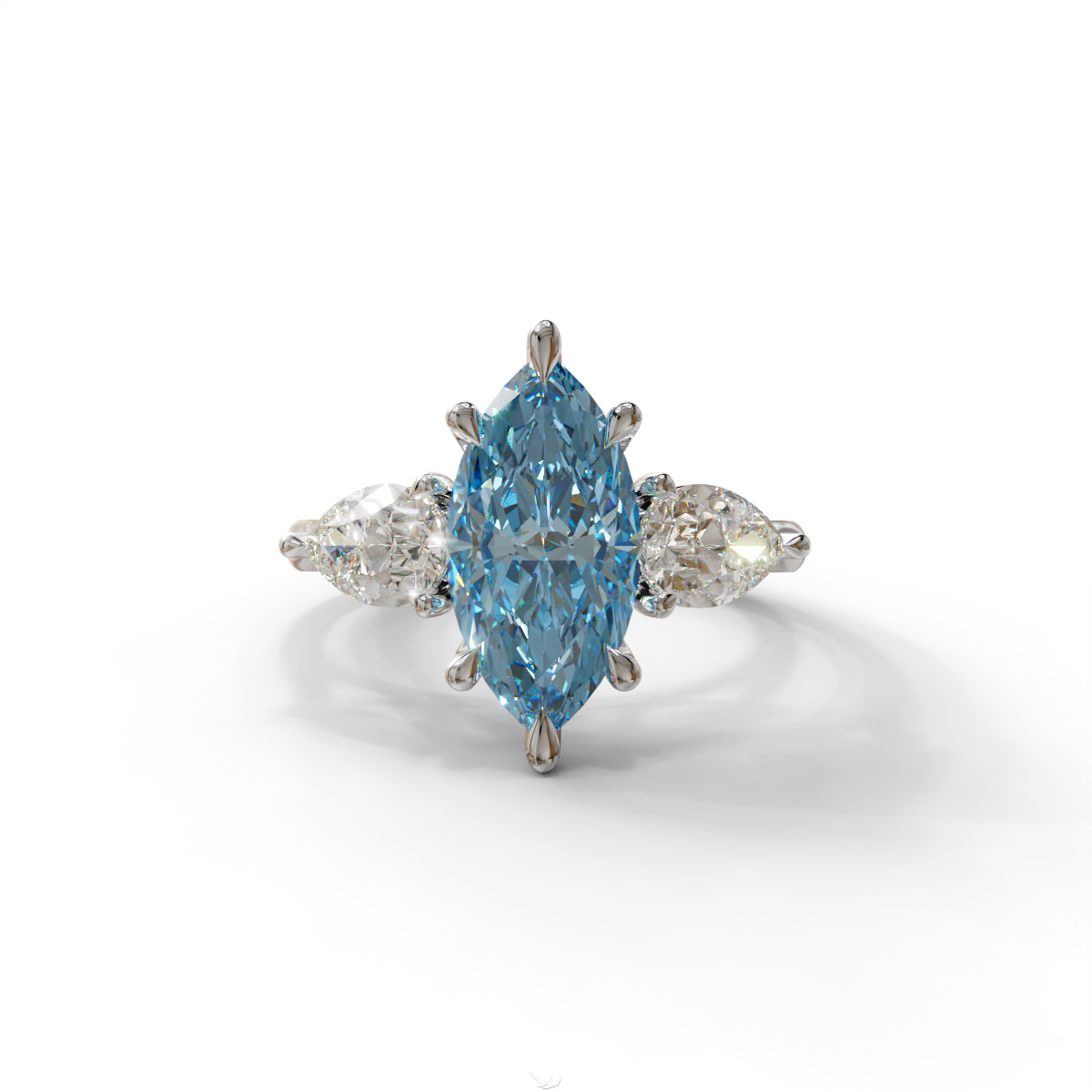 3 Carat Fancy Blue Marquise & Pear Cut Three Stone Lab Grown Diamond Engagement Ring - 10K Solid Gold / White Gold