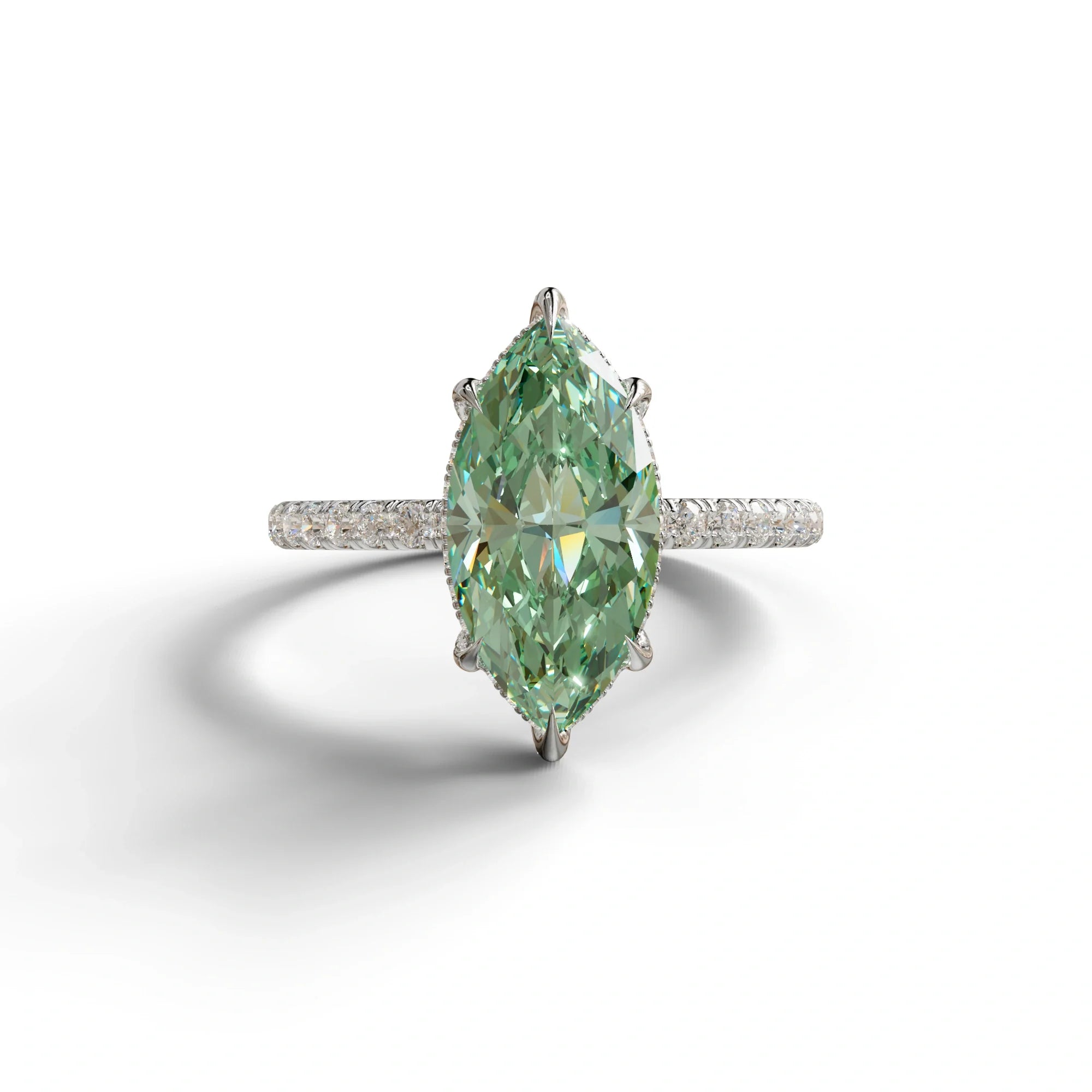 3 Carat Green Marquise Cut Lab Diamond In Hidden Halo & Pave Setting Ring - 10K Solid Gold / White Gold