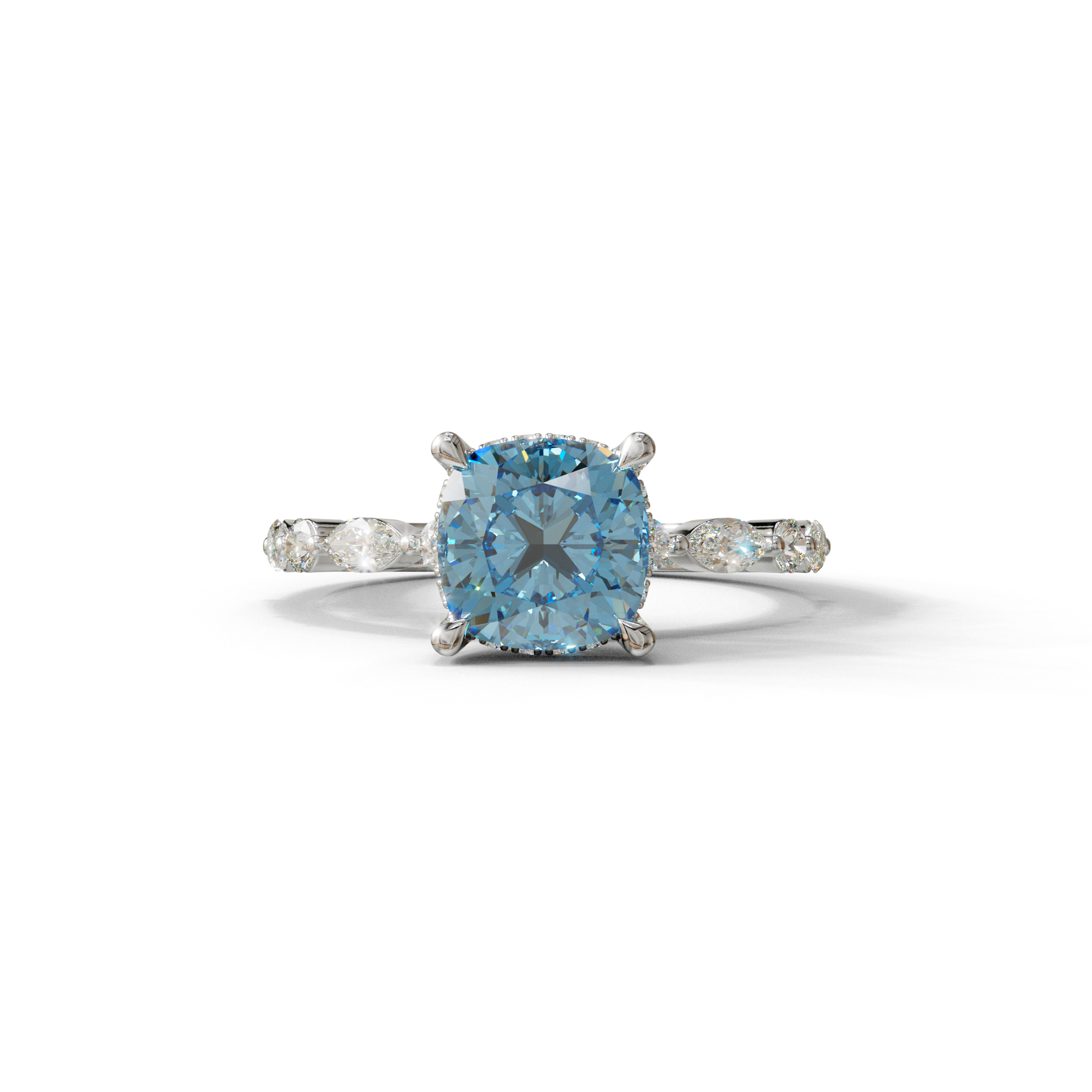 2 Carat Blue Cushion Cut Hidden Halo & Pave Lab Diamond Ring - Daisy - 10K Solid Gold / White Gold