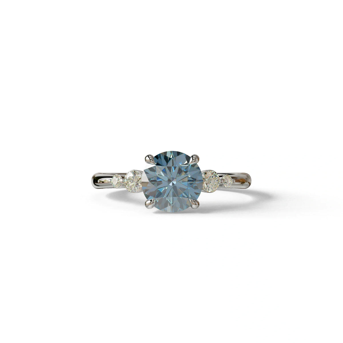 Blue Round Three Stone Lab Grown Diamond Engagement Ring - Romance - 2 Carat / 10K Solid Gold / White Gold