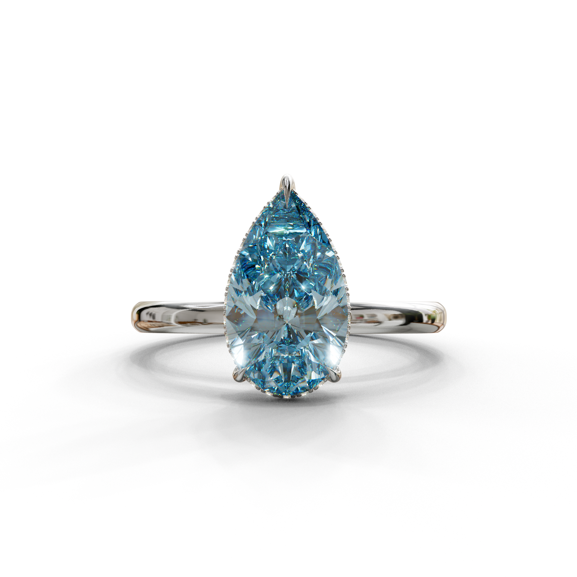 3.5 Carat Blue Pear Cut Hidden Halo Lab Grown Diamond Ring - 10K Solid Gold / White Gold