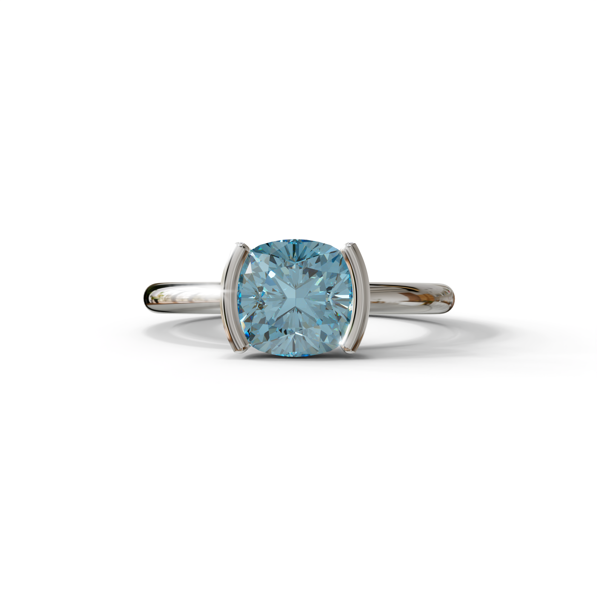 2 Carat Blue Cushion Diamond Ring - Half Bezel Set Ring - Remi - 10K Solid Gold / White Gold