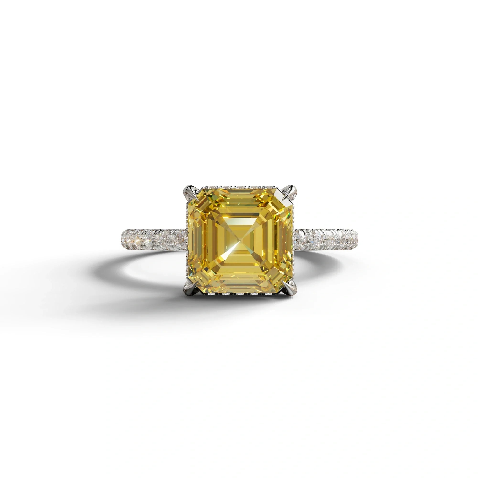 3 Carat Yellow Asscher Cut Hidden Halo & Pave Lab Grown Diamond Ring - 10K Solid Gold / White Gold