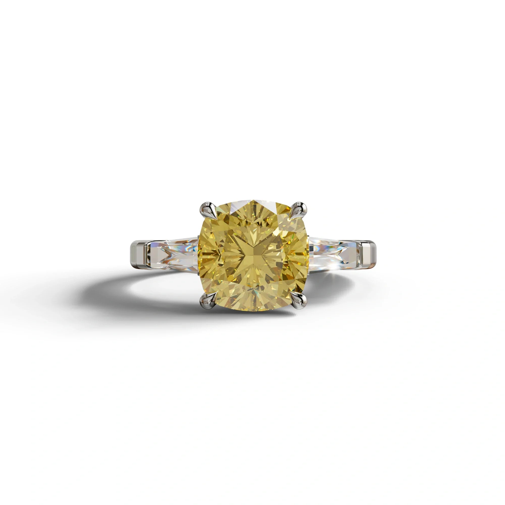 3 Carat Yellow Cushion & Tapered Baguette Three Stone Engagement Ring - 10K Solid Gold / White Gold