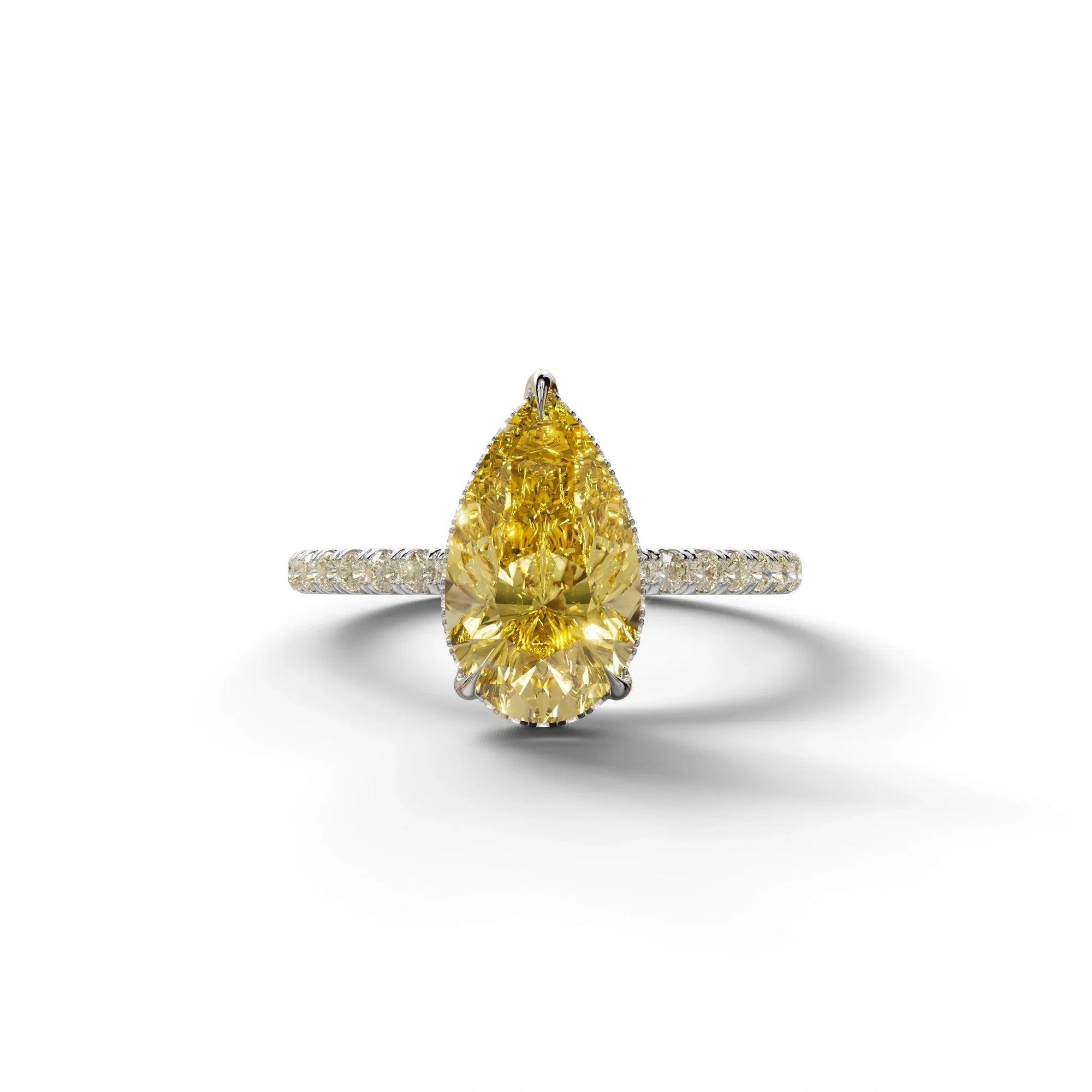 2 Carat Yellow Pear Cut Hidden Halo & Pave Lab Diamond Ring - 10K Solid Gold / White Gold