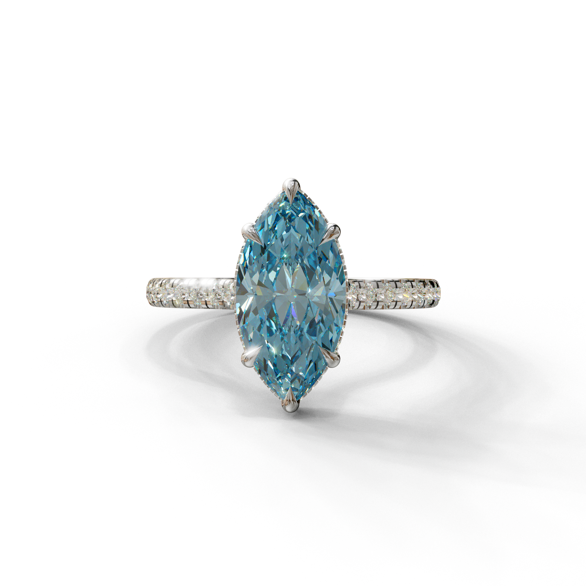 3 Carat Blue Marquise Cut Hidden Halo & Pave Set Lab Diamond Ring - Eblouissant - 10K Solid Gold / White Gold