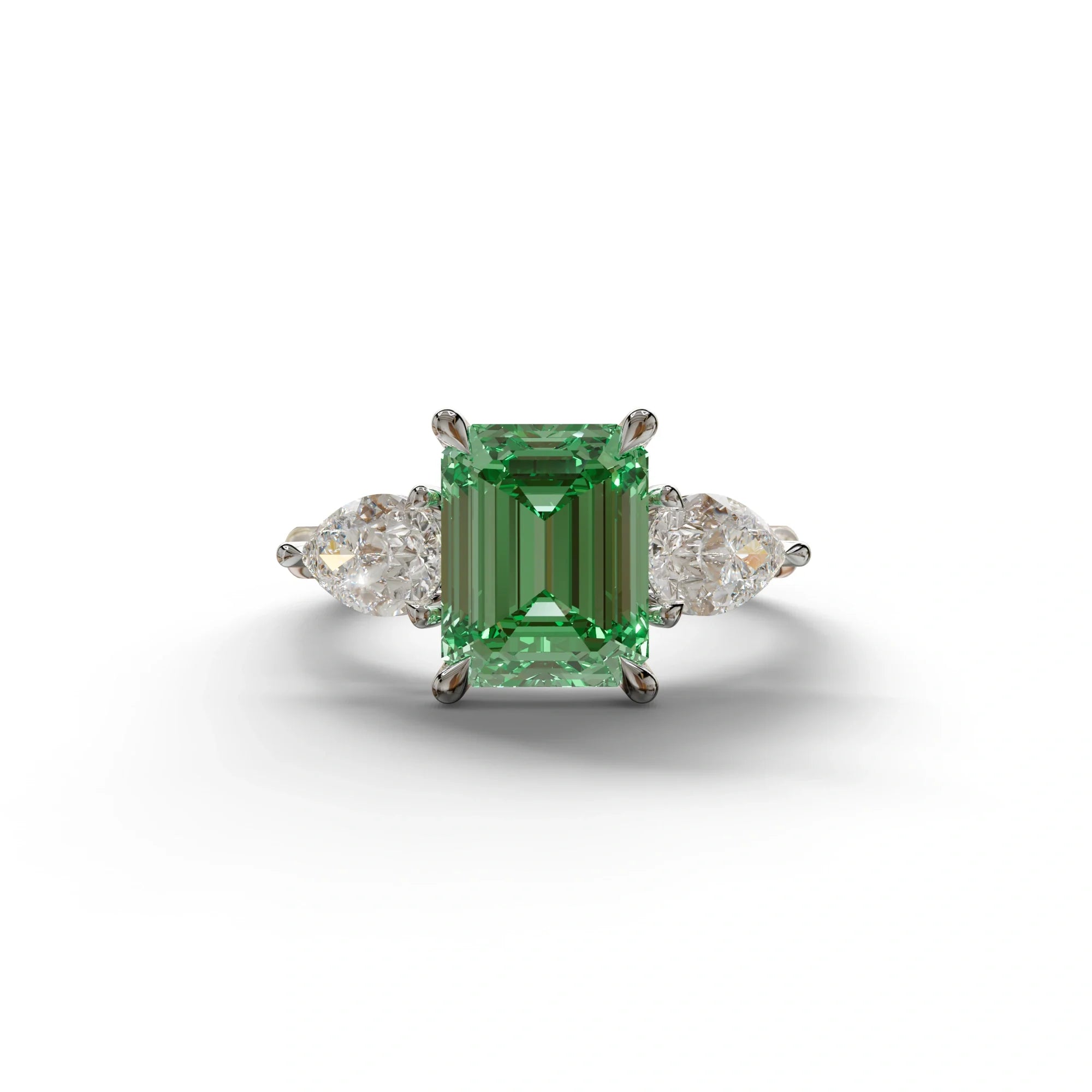 3 Carat Green Emerald Cut Lab Diamond In 3 Stones Claw Prongs Setting Ring - 10K Solid Gold / White Gold