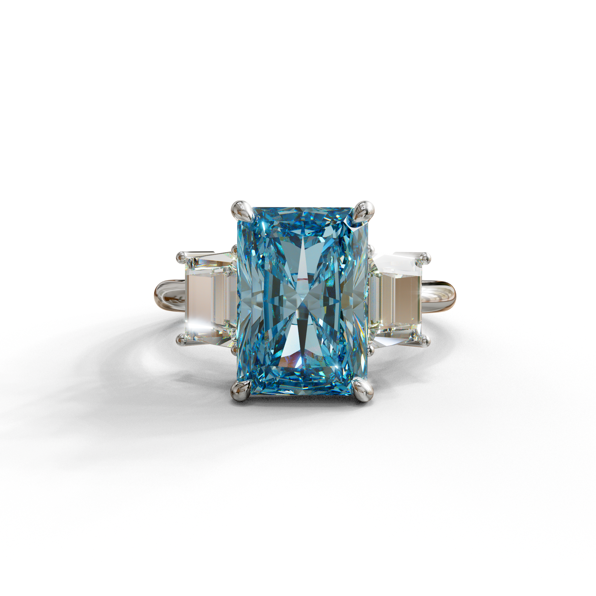 4 Carat Blue Radiant & Trapezoid Three Stone Engagement Ring - Embrace - 10K Solid Gold / White Gold