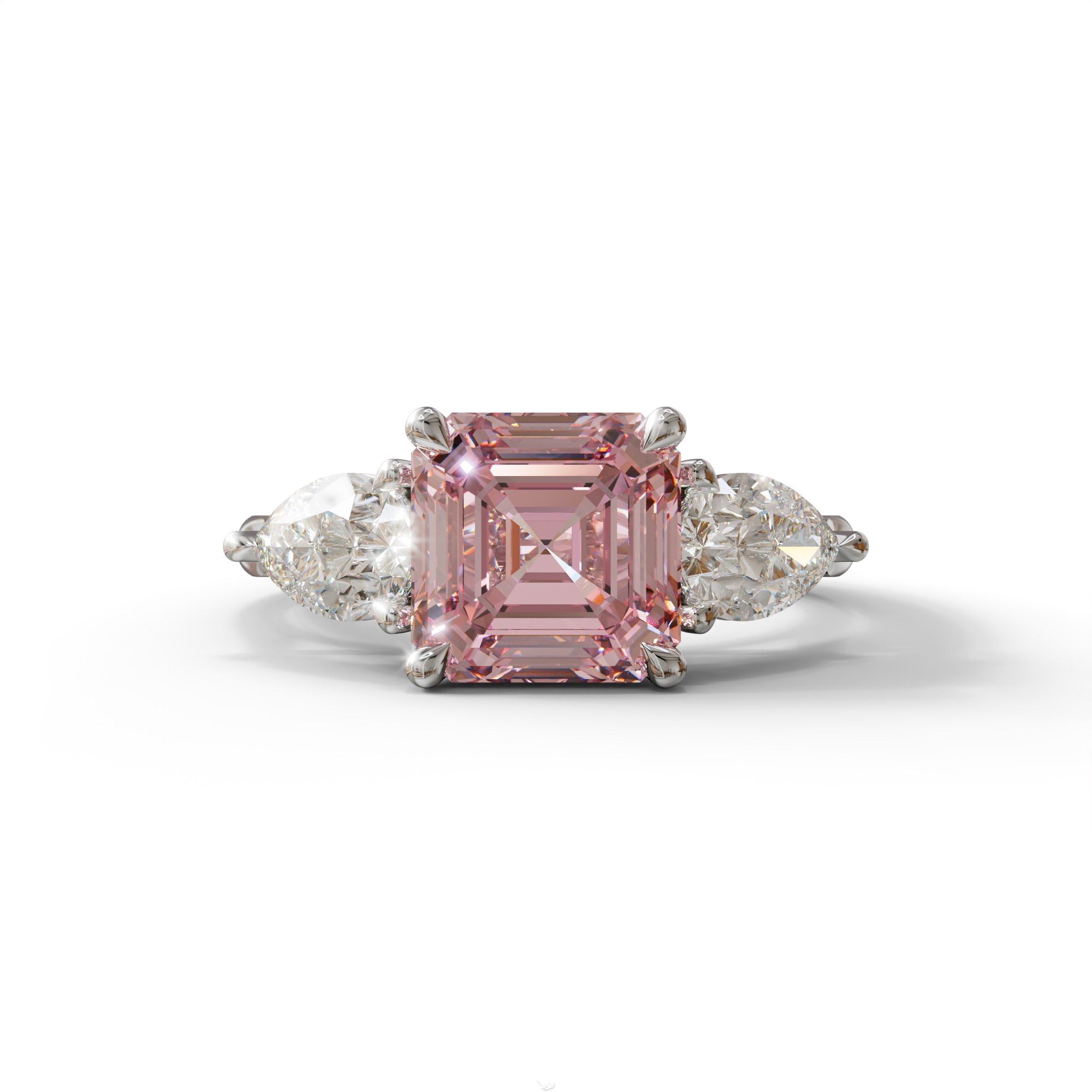 3 Carat Pink Asscher Cut Lab Diamond In 3 Stones Claw Prongs Setting Ring - 10K Solid Gold / White Gold