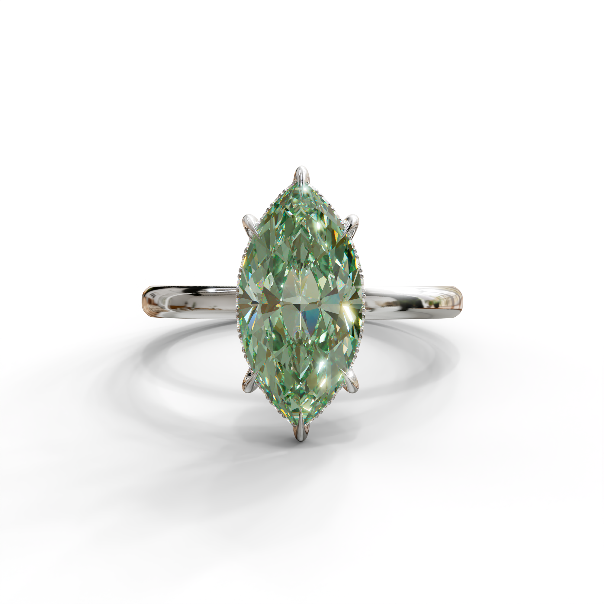 3 Carat Green Marquise Cut Hidden Halo & Claw Setting Lab Grown Diamond Ring -Meraviglioso - 10K Solid Gold / White Gold