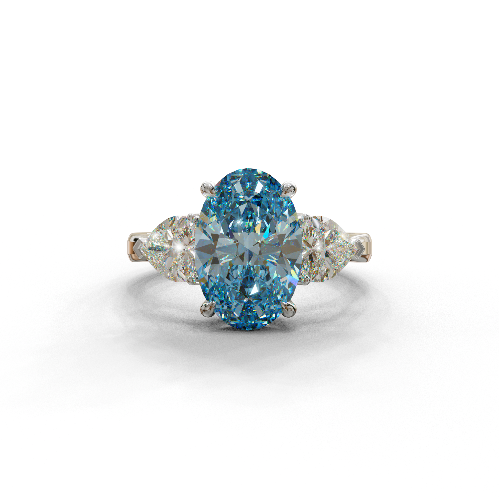 4 Ct Blue Oval & Heart Shape 3 Stone Engagement Diamond Ring - Lucid - 10K Solid Gold / White Gold