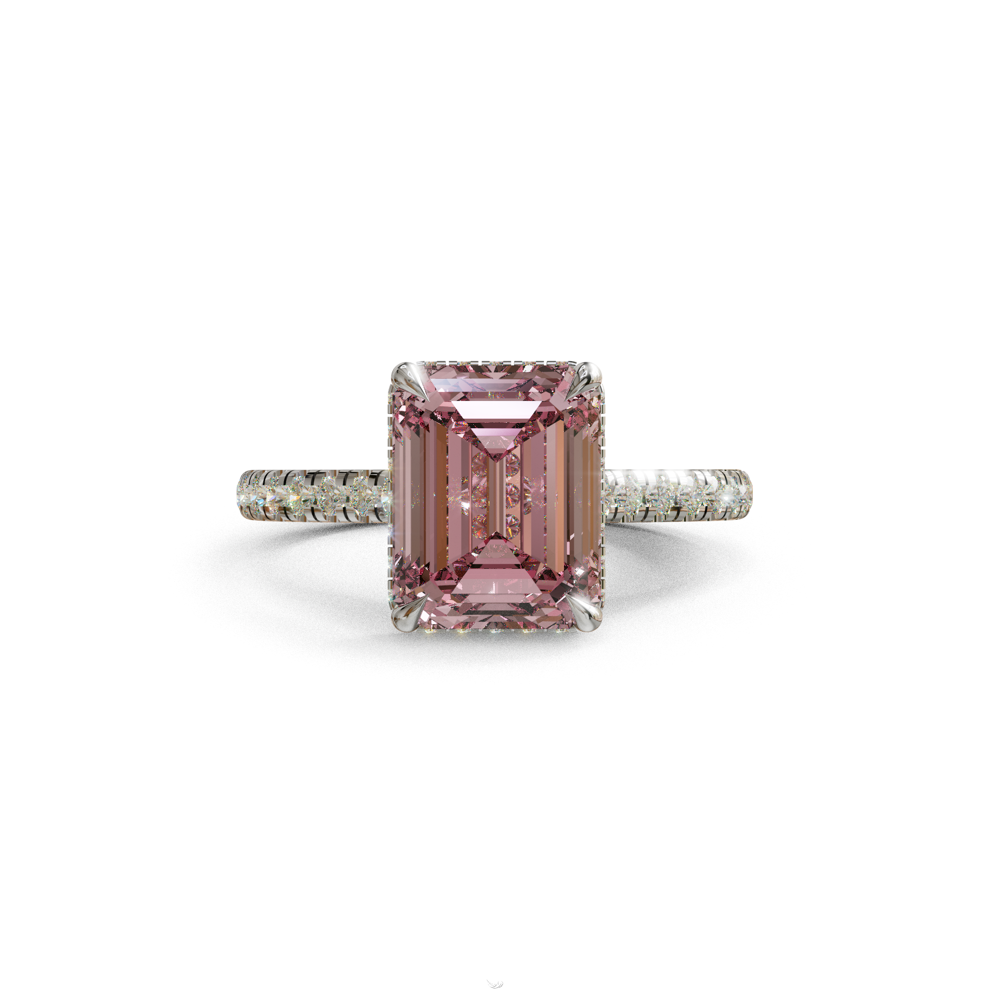 2.5 Ct Pink Emerald Cut Lab Diamond In Hidden Halo & Pave Setting Ring - Siena - 10K Solid Gold / White Gold