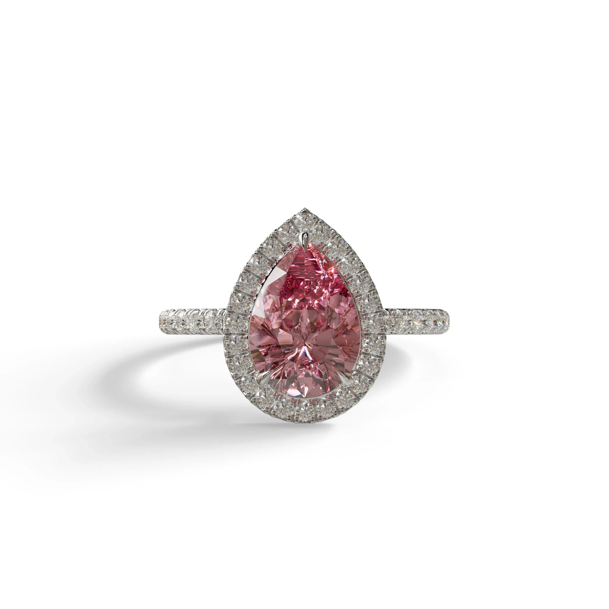 2 Carat Pink Pear Cut Halo & Pave Lab Diamond Ring - Glam Deck - 10K Solid Gold / White Gold